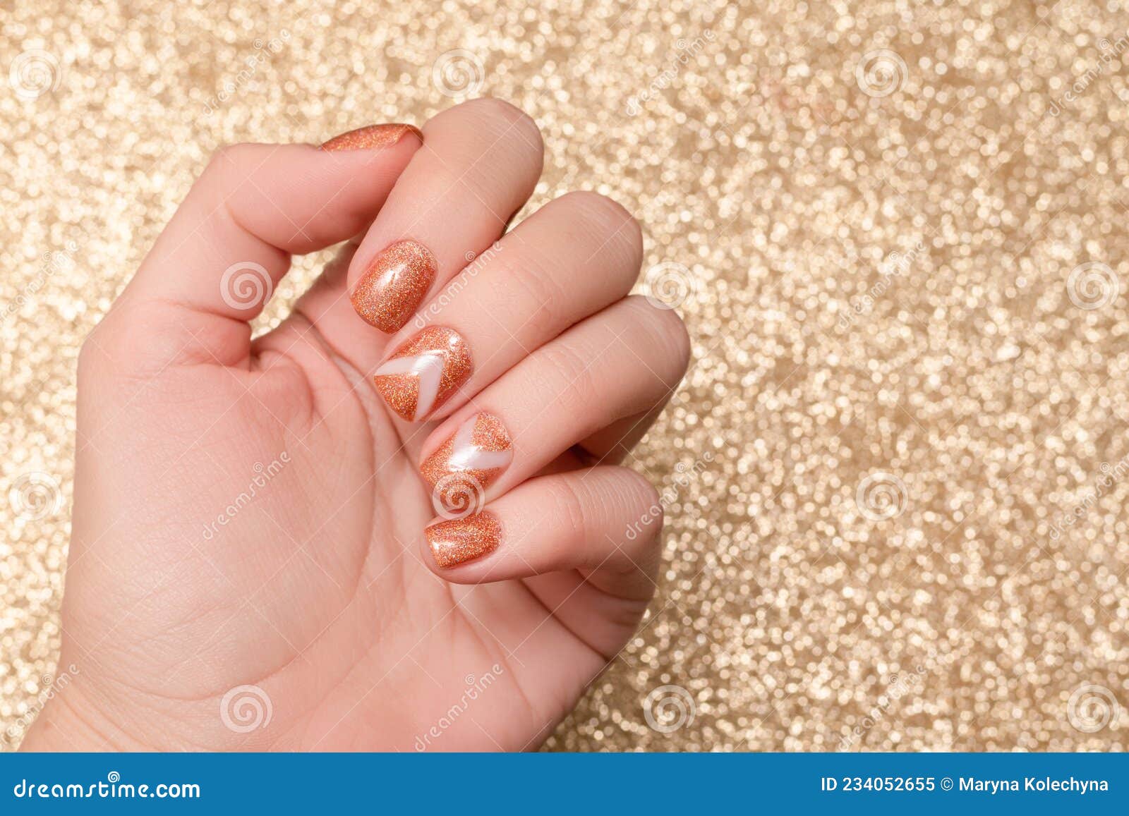 Female model hands with clear nail design. Glitter clear nail polish  manicure with green nail art. Female model with perfect manicure in gray  hoodie. Stock Photo | Adobe Stock