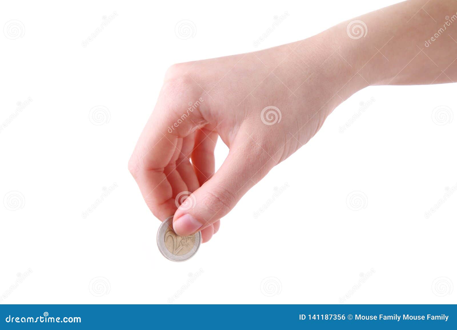 A Female Hand Hold a Coin Isolated White at the Studio Stock Photo