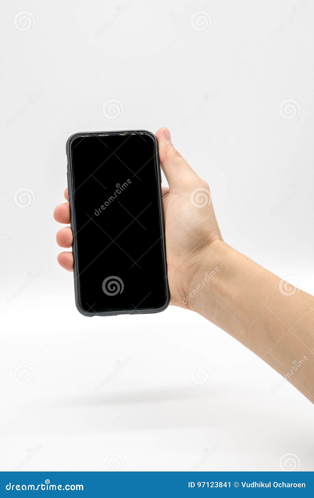 Female Hand Holding Black Mobile Phone With Black Screen Stock Image