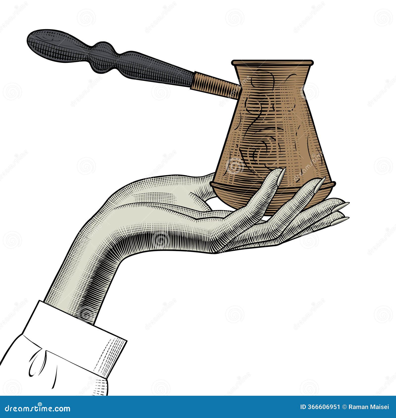 female hand holding on palm coffee cezve
