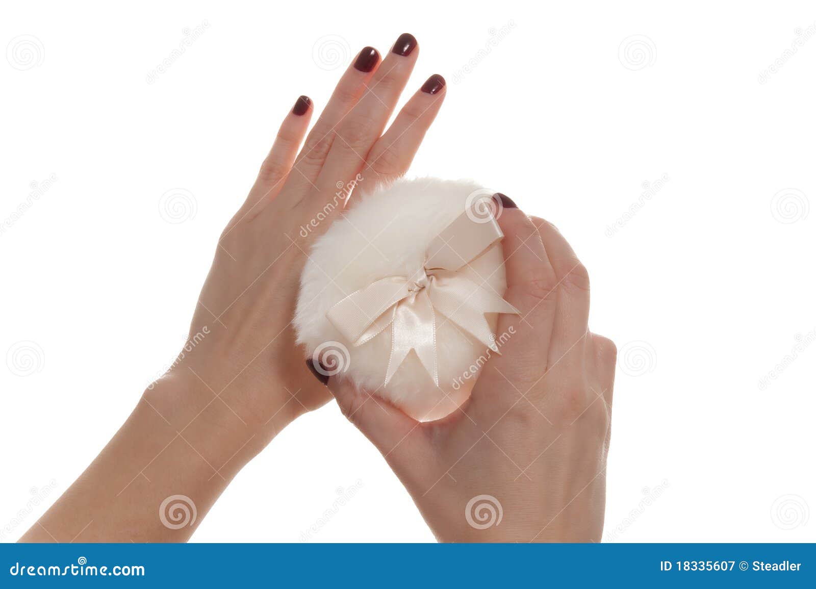 Female Hand Holding Powder Puff. Female Hand Isolated on White Holding Powder Puff