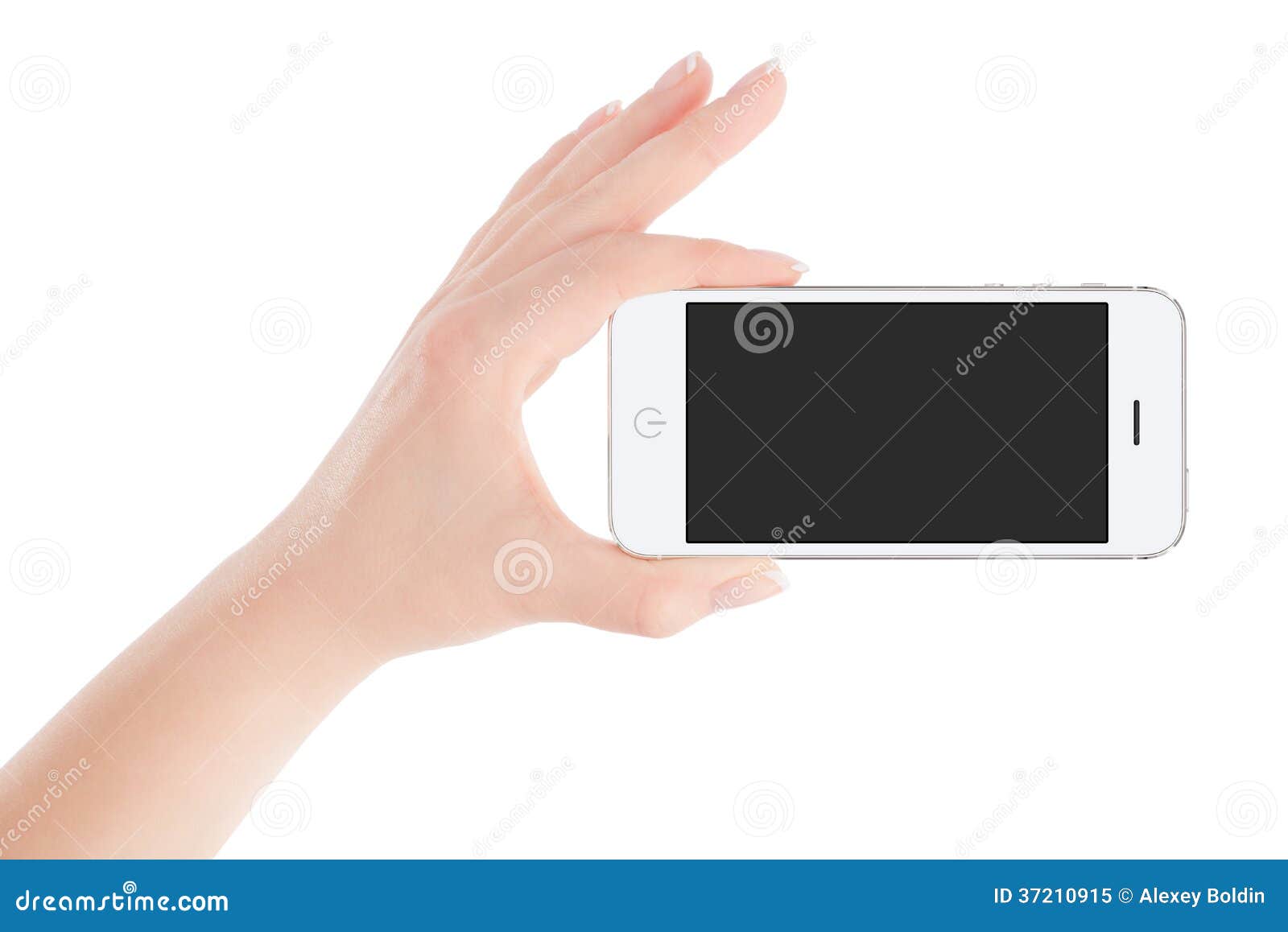 female hand holding white smart phone in landscape orientation