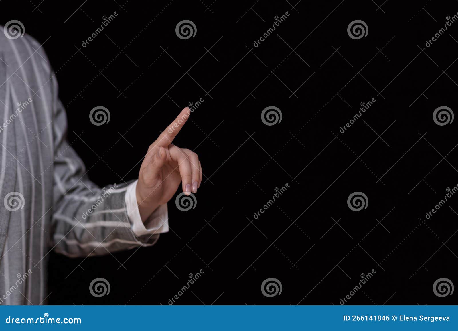 female hand with index finger up, press, touch something. hand pointing futuristic interface, free space for text