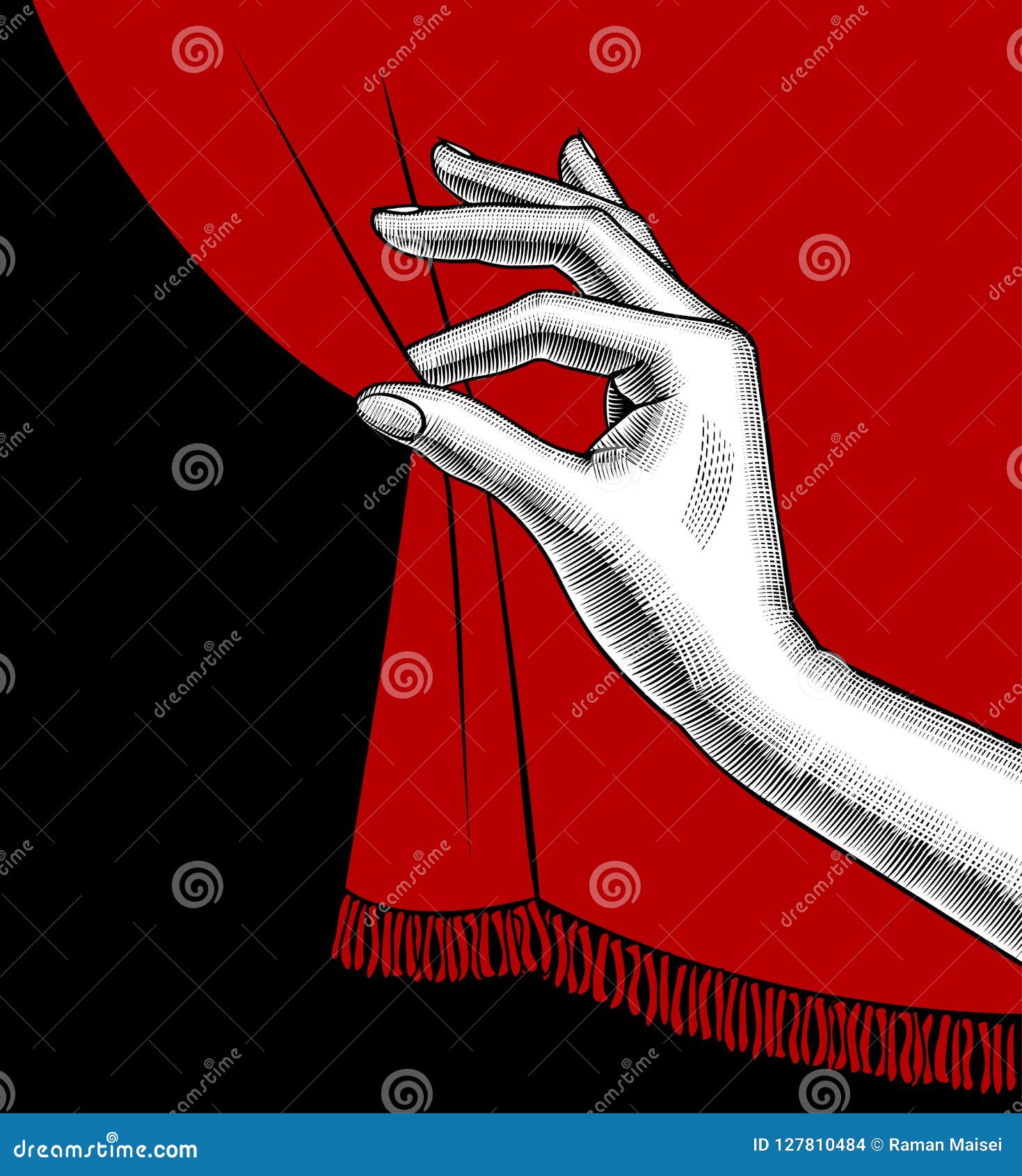 female hand pulling aside the red curtain on black background