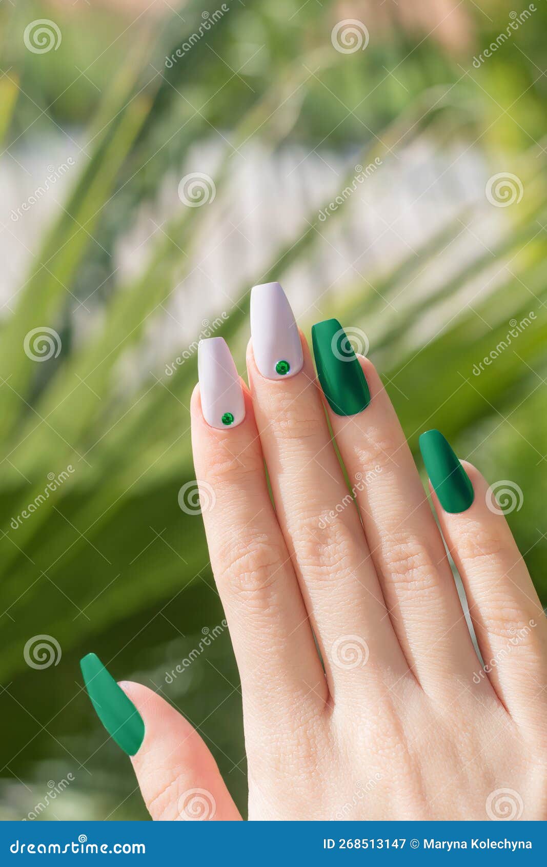 Female Hand with Summer Nail Design. Mate Green and White Nail Polish  Manicure with Gems Nails Art Stock Photo - Image of closeup, design:  268513124