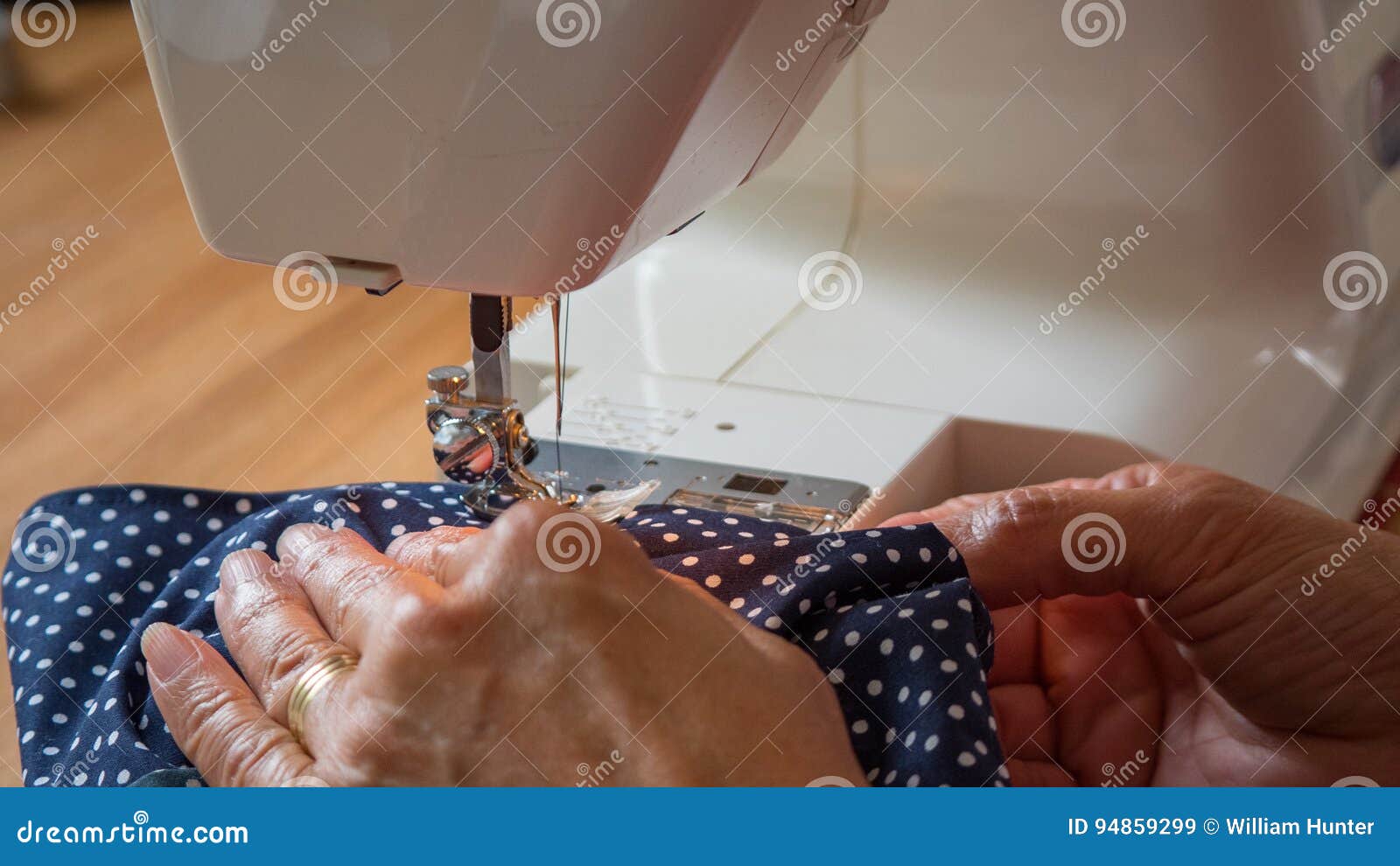 Female Hand Using Sewing Machine Stitching Fabic Stock Image Image of