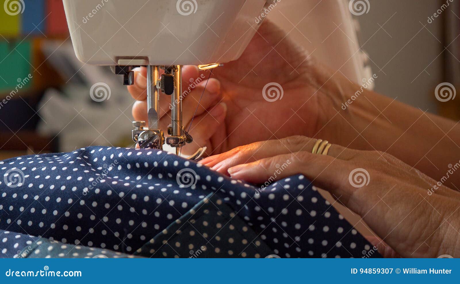 Female Hand Using Sewing Machine Stitching Fabic Stock Image Image of