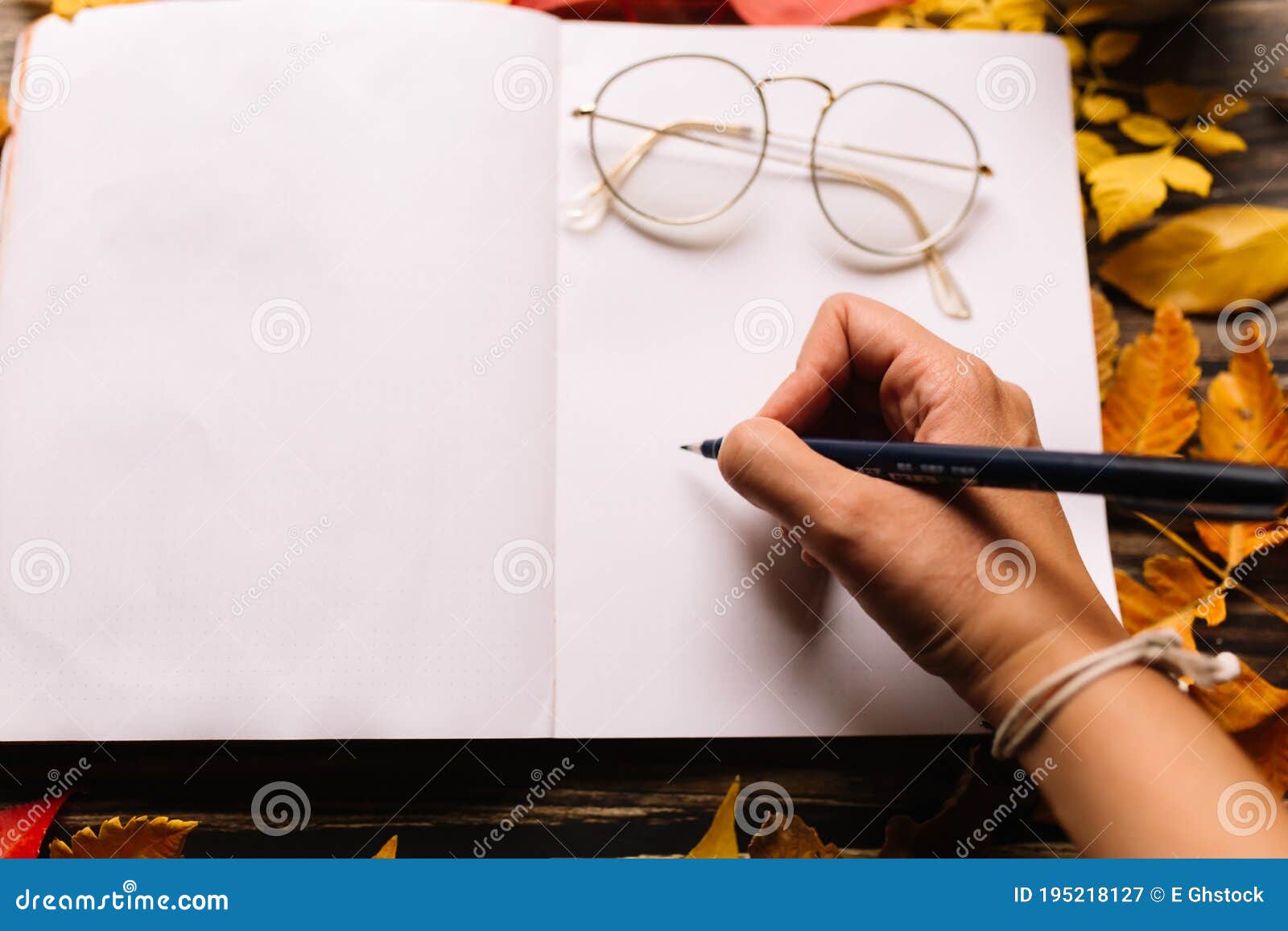 Female Hand Writing in a Bullet Journal. Blank Notepad Page with Women  Circle Glasses on Top in a Cozy Space with Autumn Orange, Stock Image -  Image of inspired, ideas: 195218127