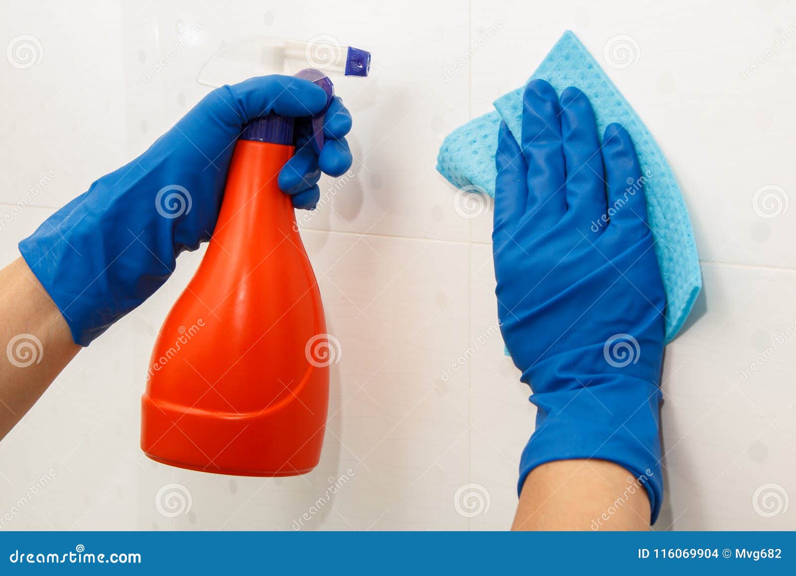 Female Hands In Blue Rubber Gloves Holds Bottle Of Detergent And Stoc