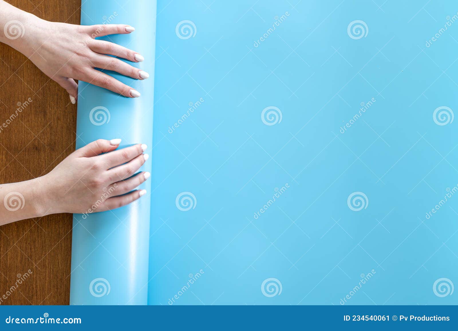 Female Hands Curl Blue Photo Background, Top View. Stock Illustration ...