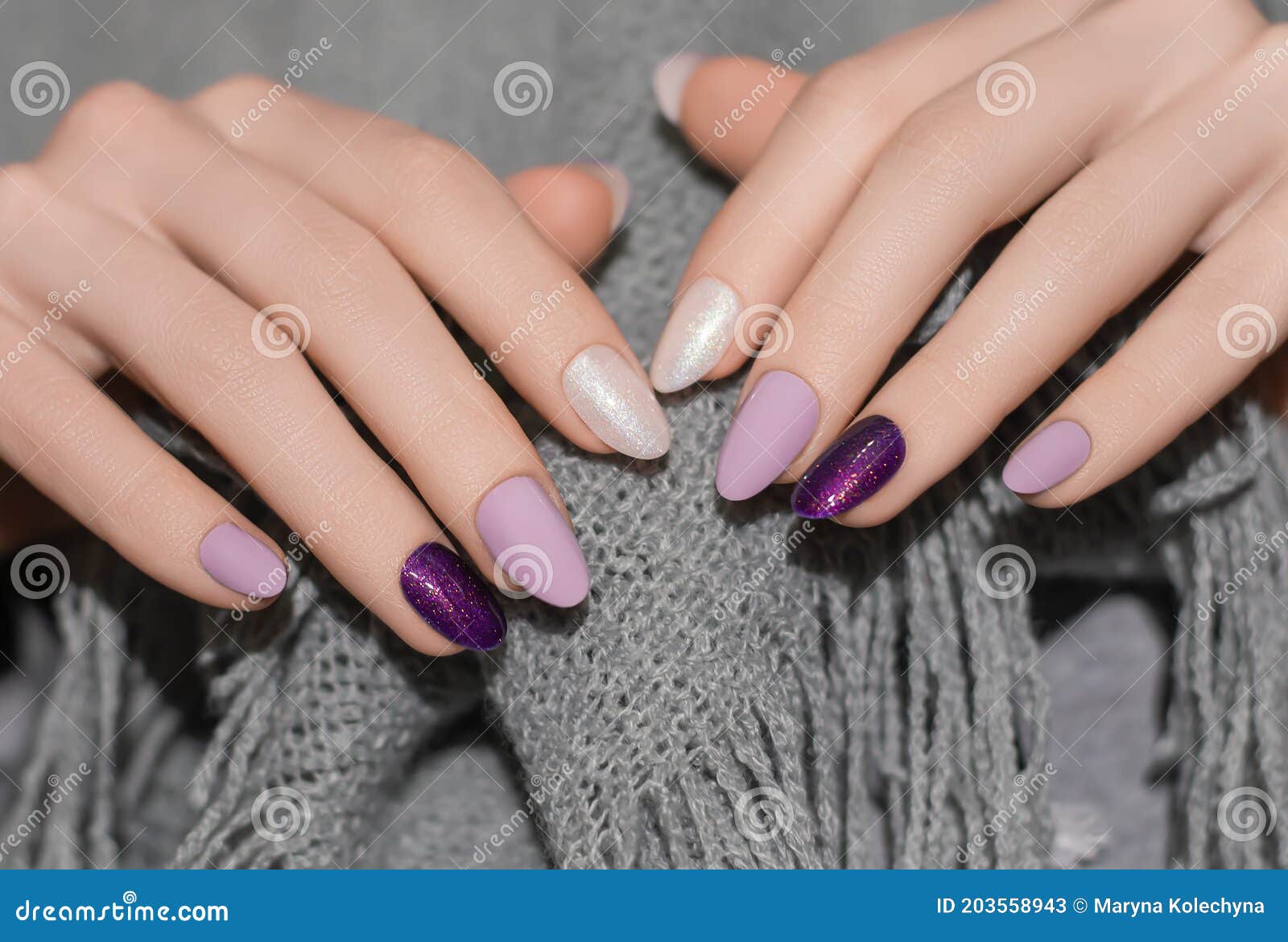 Female Hands with Glitter Nail Design. Purple Nail Polish Manicure Stock  Image - Image of hands, cosmetics: 203558943