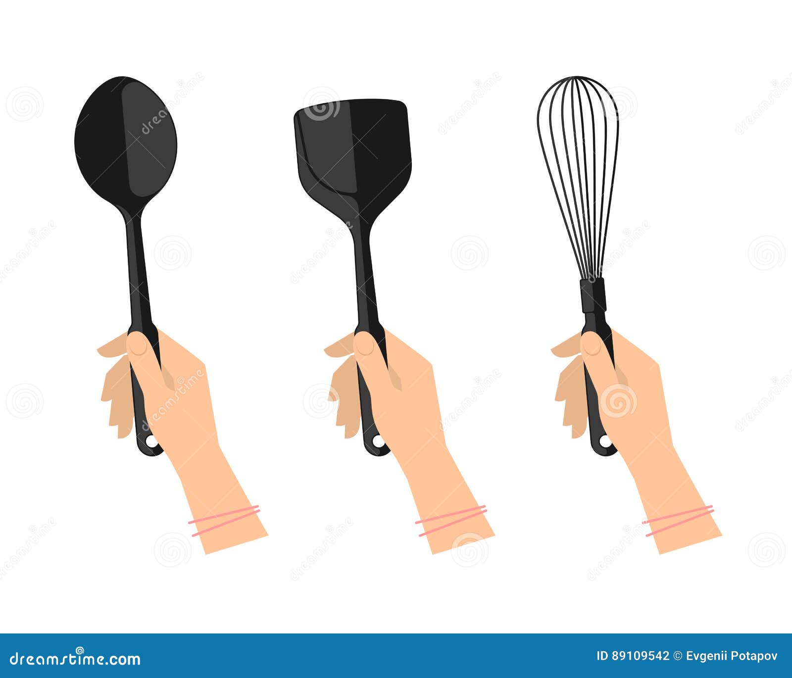 female hands with kitchen utensils: spoon, spatula and whisk.
