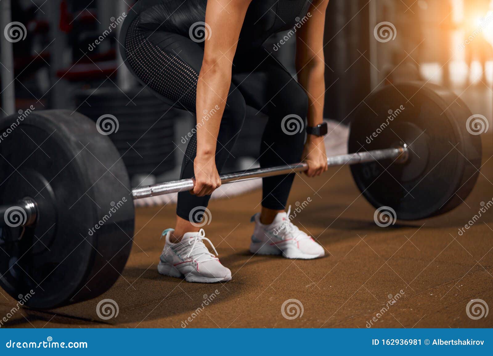 Female Hands Lifting Barbell From Floor Stock Image Image Of