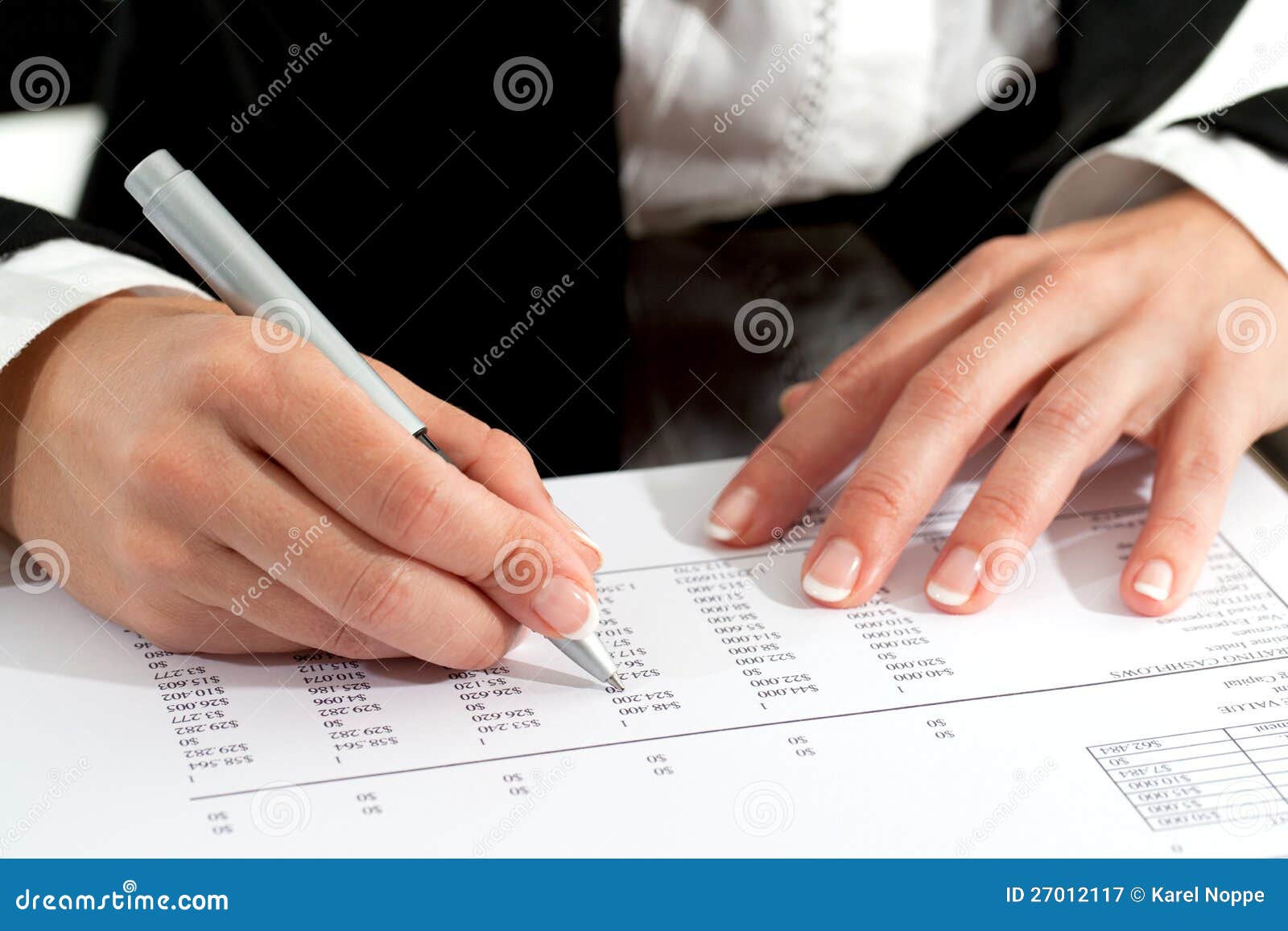 Female Hands with Pen Reviewing Document. Stock Image - Image of ...