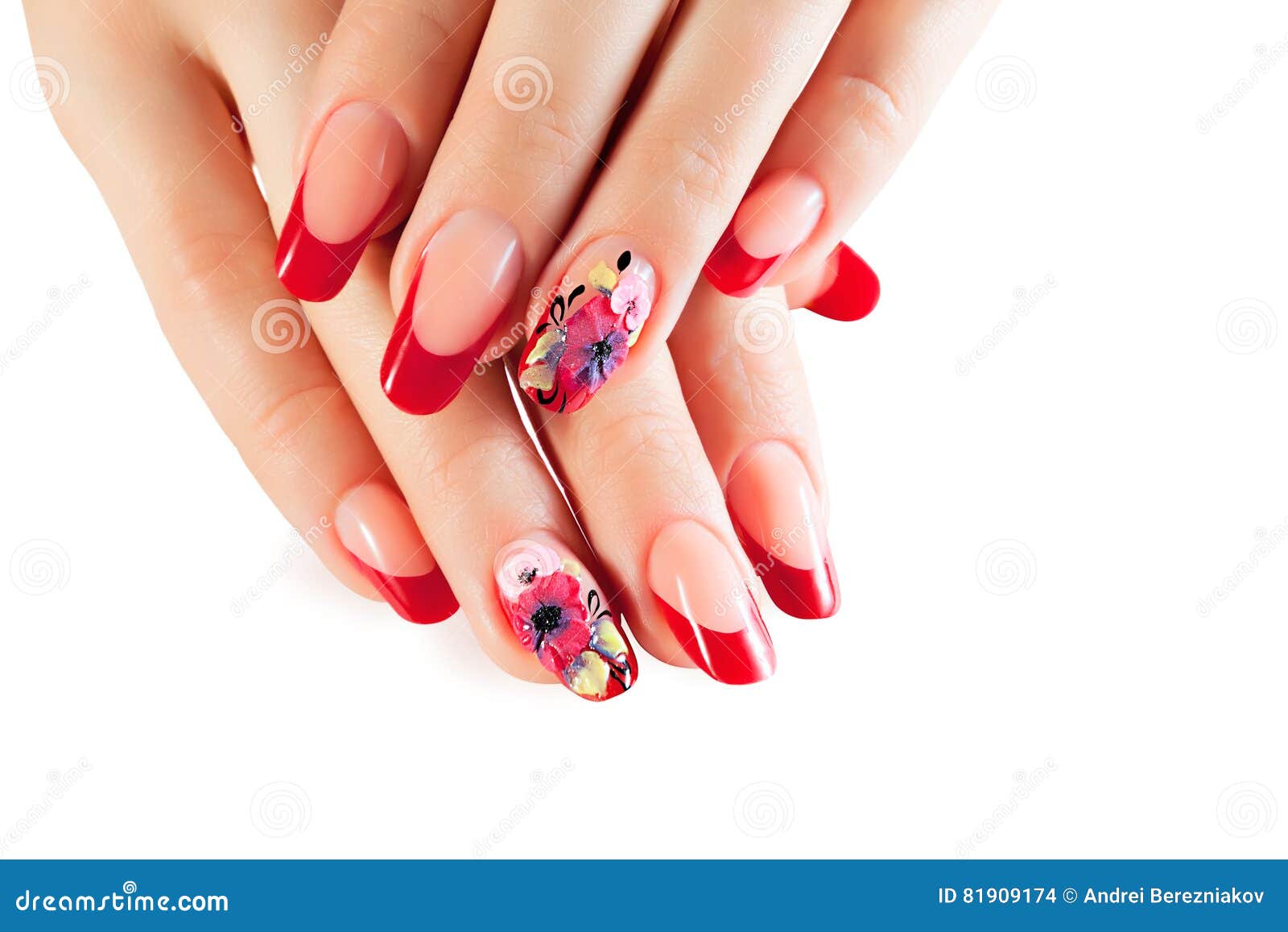 Female Hands with Red Nails and Flower Art Design. Stock Photo Image