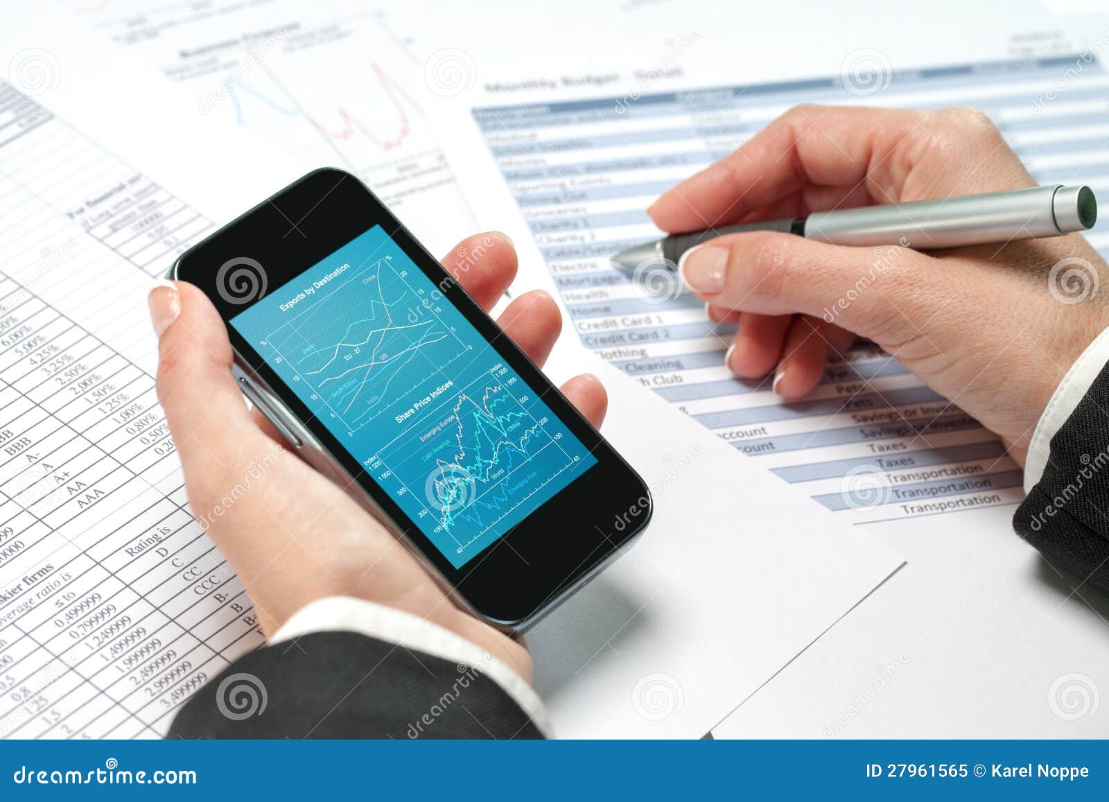 Female Hands Reviewing Accounting on Smart Phone. Stock Image Image