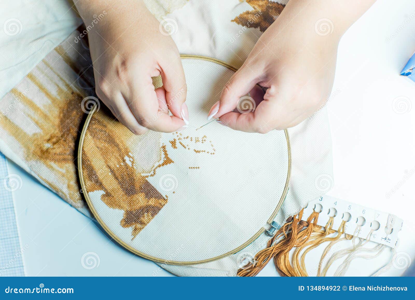 Hands are Sewing with Thread and Needle Stock Photo Image of shape