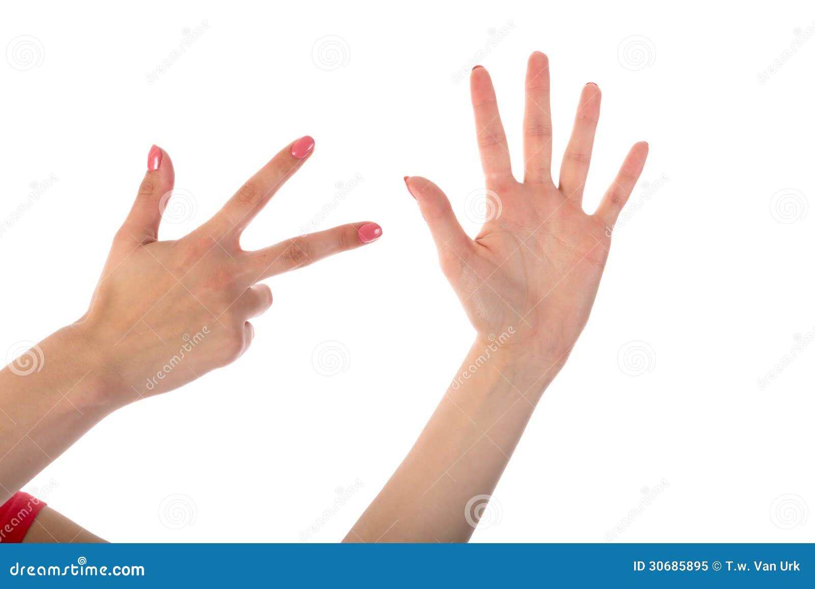 female hands showing eight fingers  on white