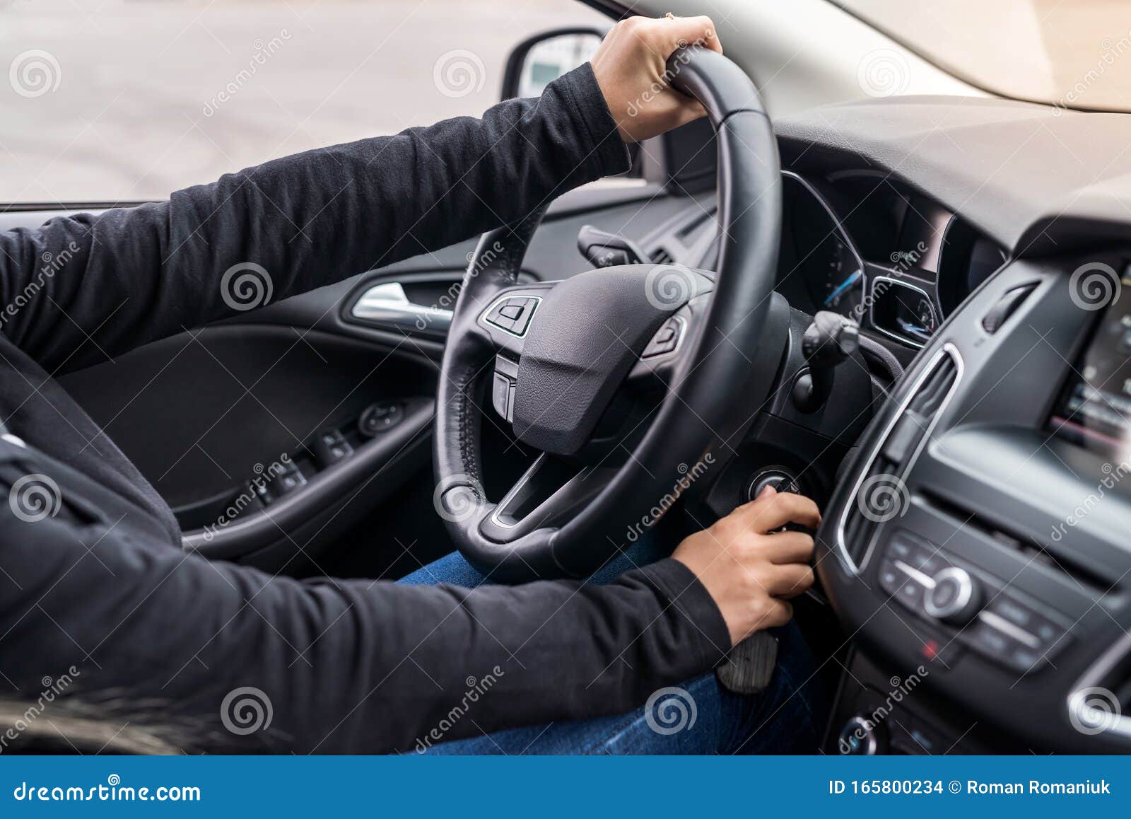 Female Hands on Steering Wheel Starting a Car Stock Photo Image of
