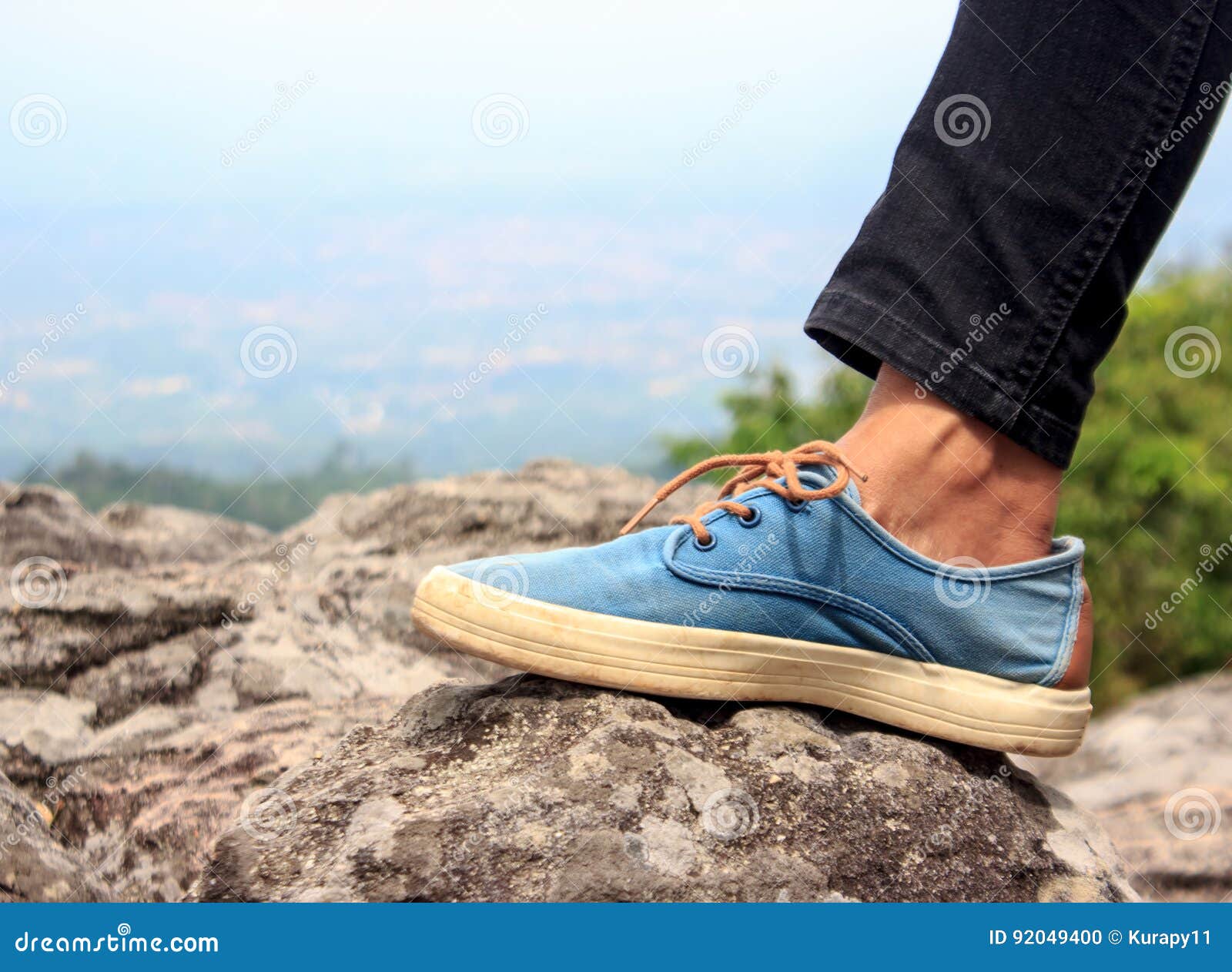 Female Hiker Feet Walking on Mountain. Stock Photo - Image of green ...