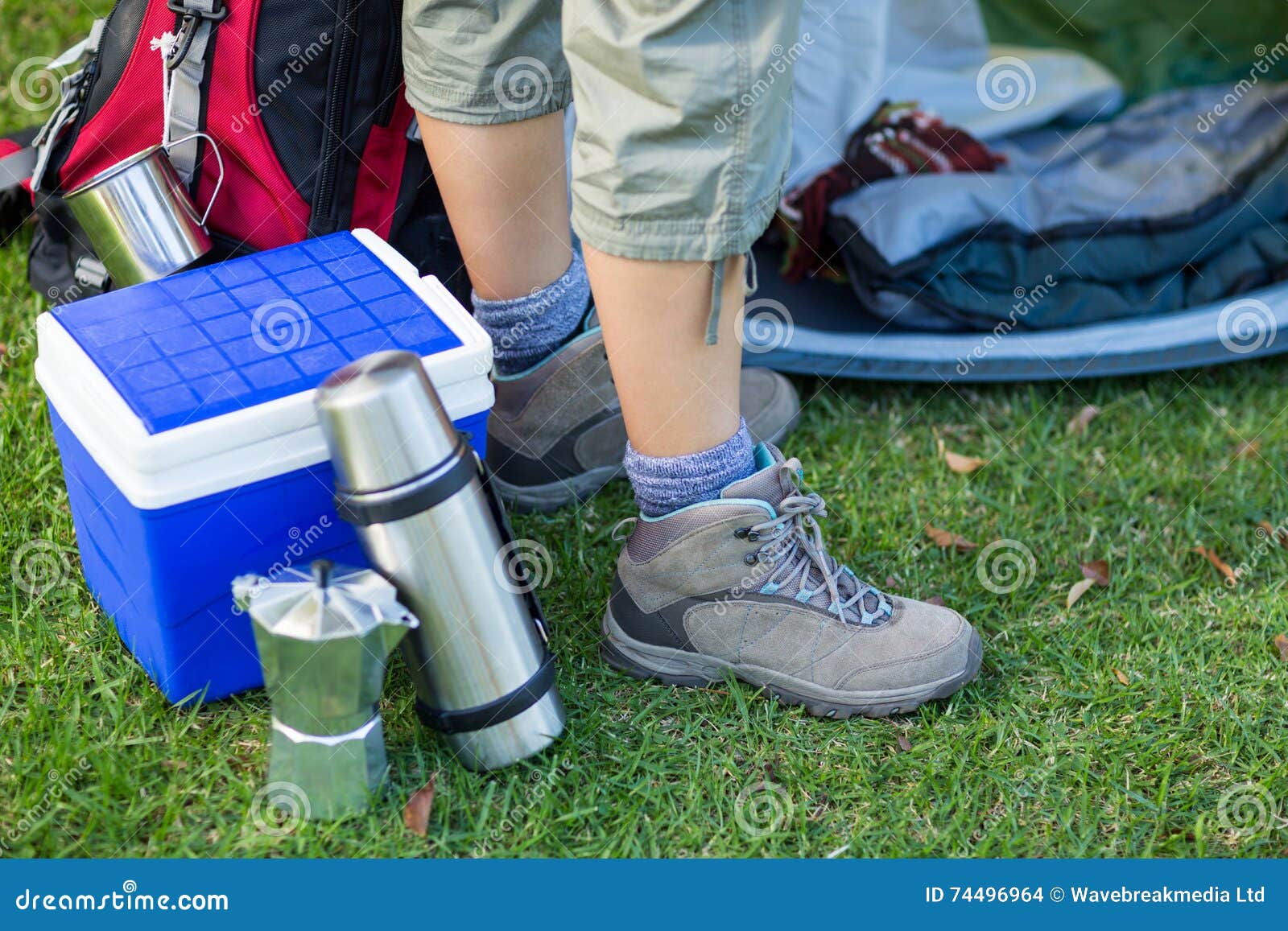 Female Hikers Feet with Picnic Essentials Stock Photo Image of