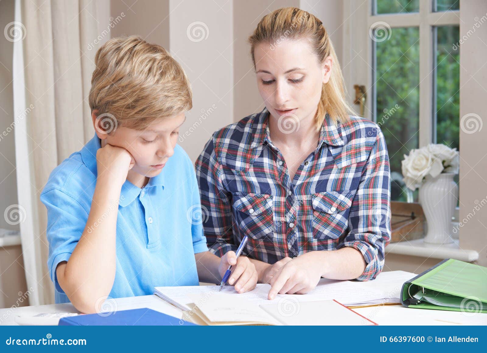 female home tutor helping boy with studies