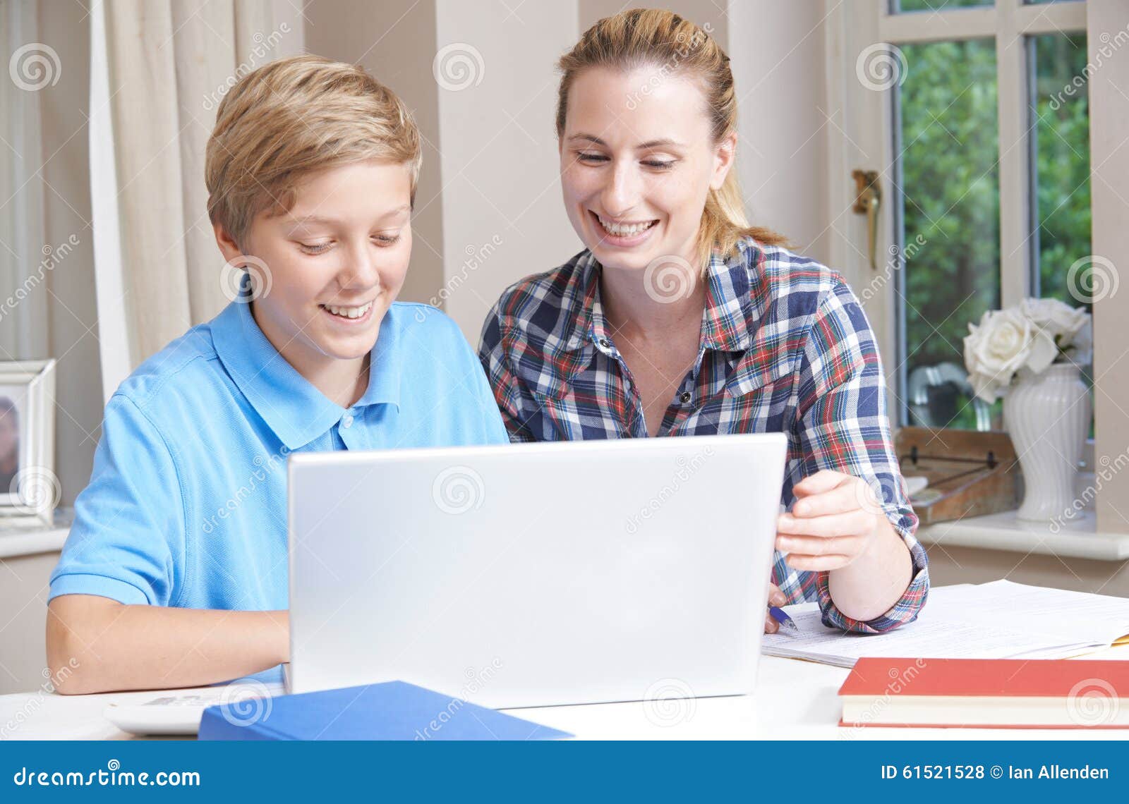 female home tutor helping boy with studies using laptop computer