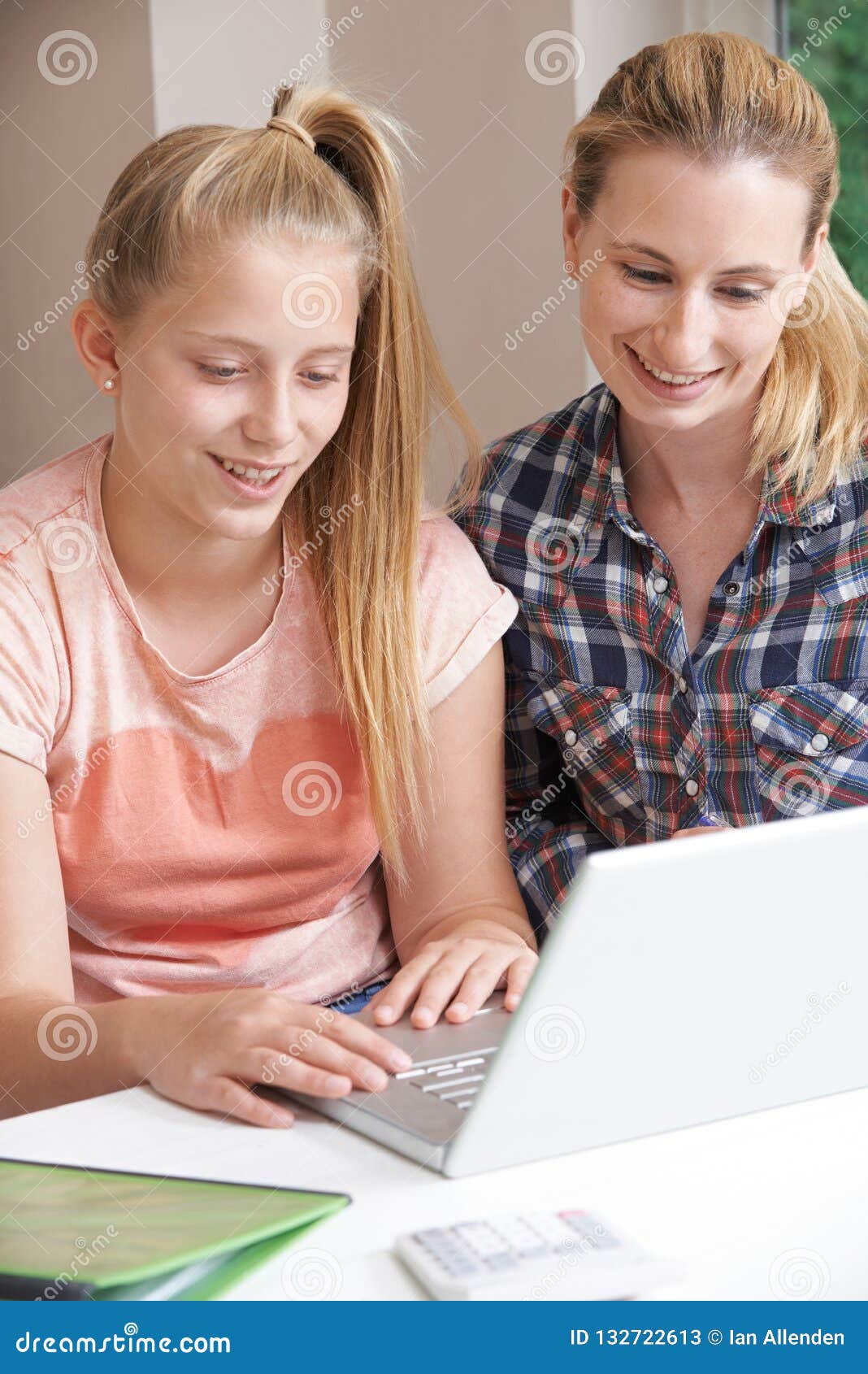 female home tutor helping girl with studies using laptop