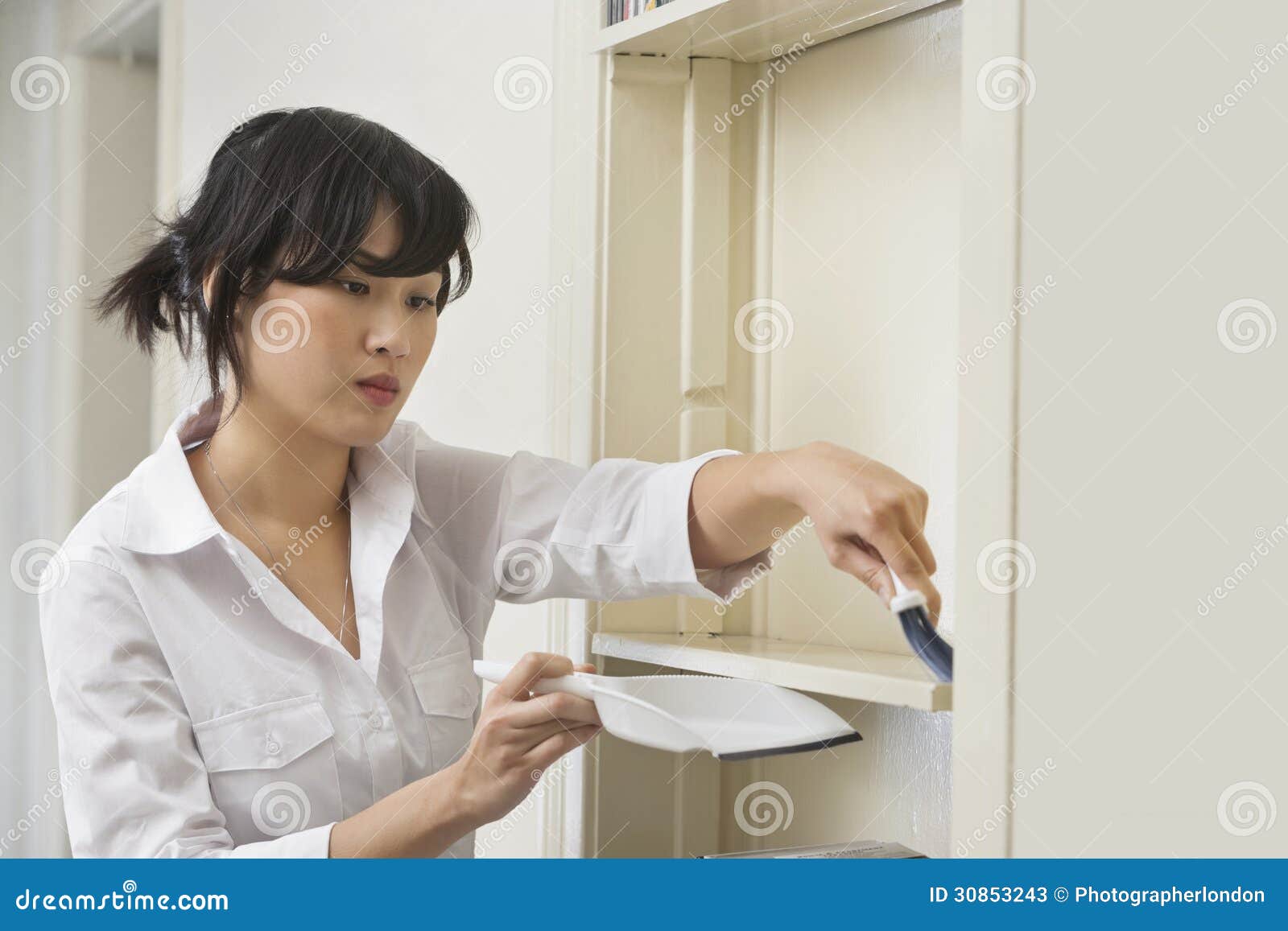 Female Housekeeper Cleaning Shelf Stock Image Image of cleaner, brush