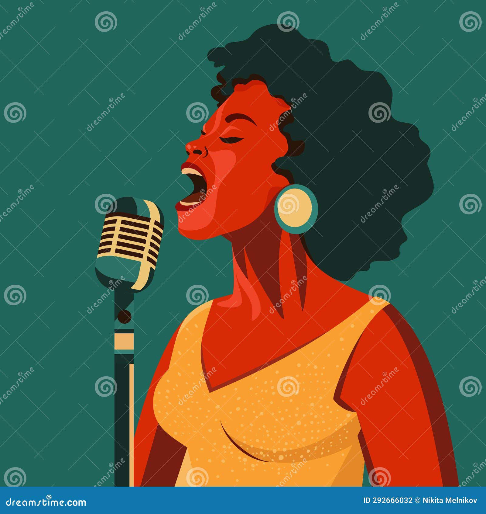 Female Jazz Singer on Stage. Aafrican American Vocalist Wearing Dress ...
