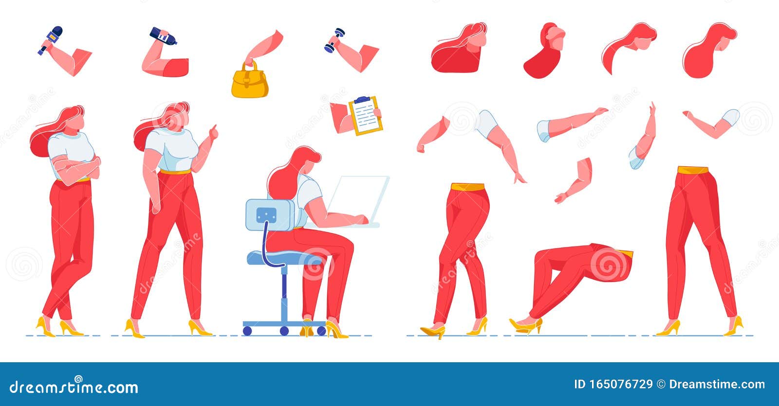 Female Journalist Creation Kit, Working Woman. Stock Vector