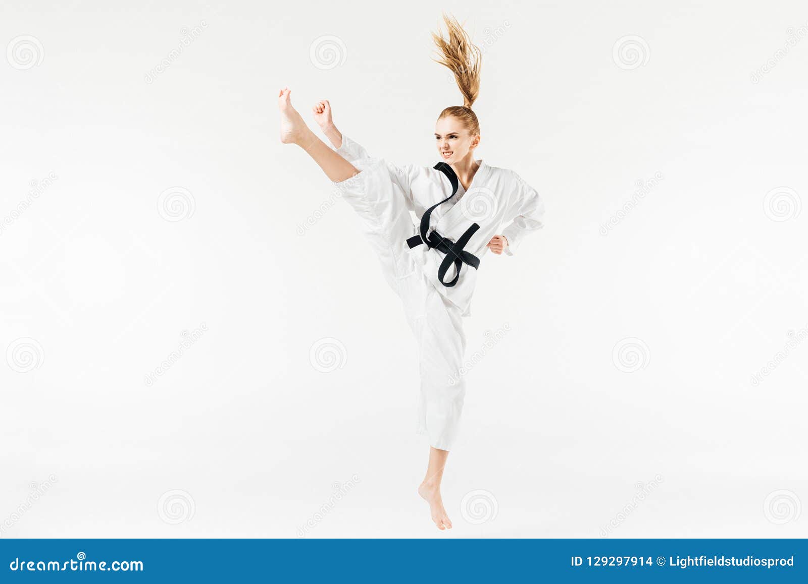 Female Karate Fighter Performing Kick Stock Photo Image of practice