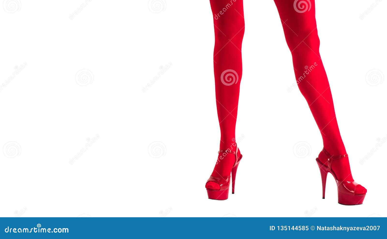 Female Legs In Fetish Red Stockings And Red High Heels Isolated On White Show Girls And Night