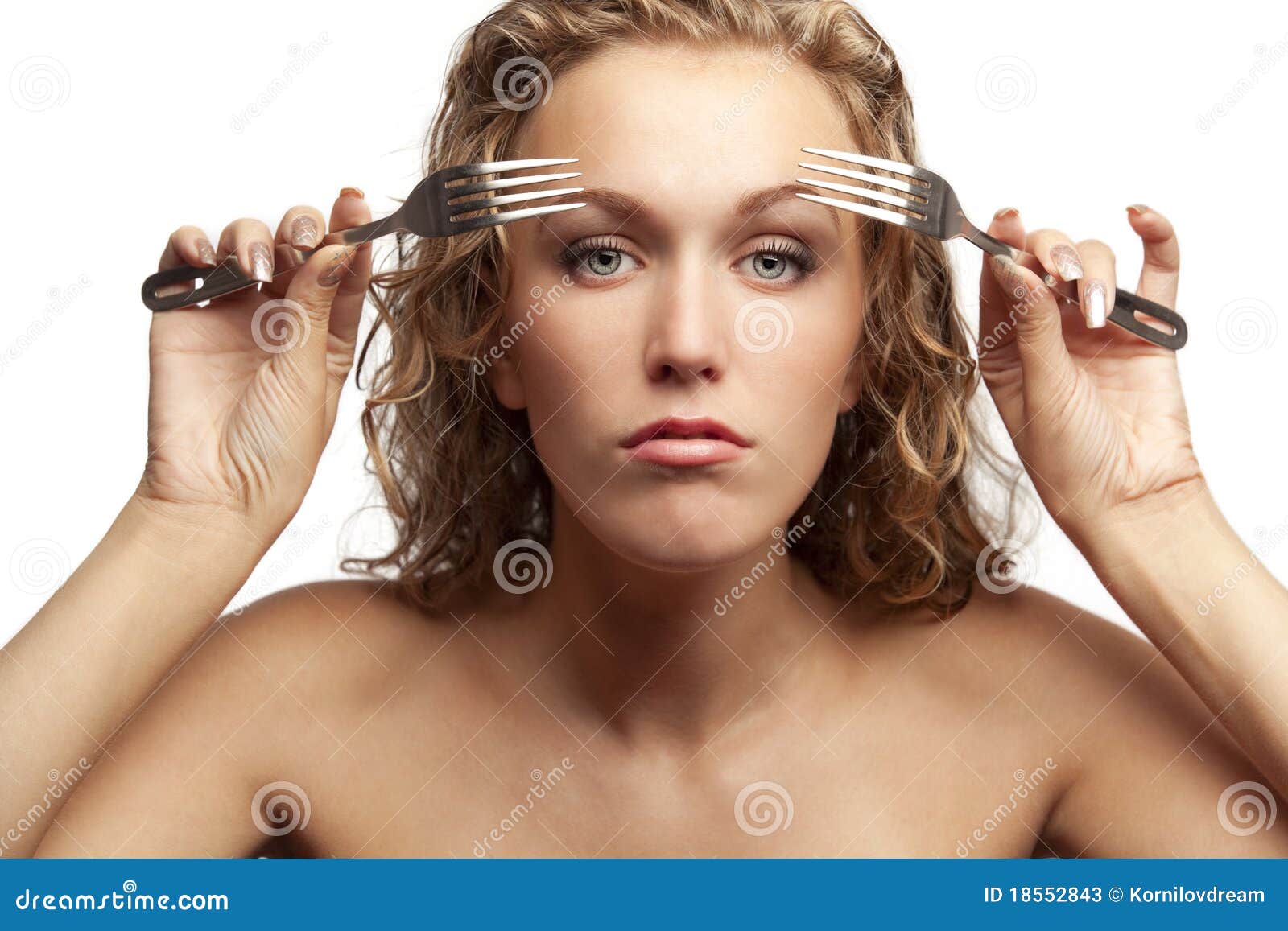 Female Looking through Forks Stock Image Image of cheerful, eyes