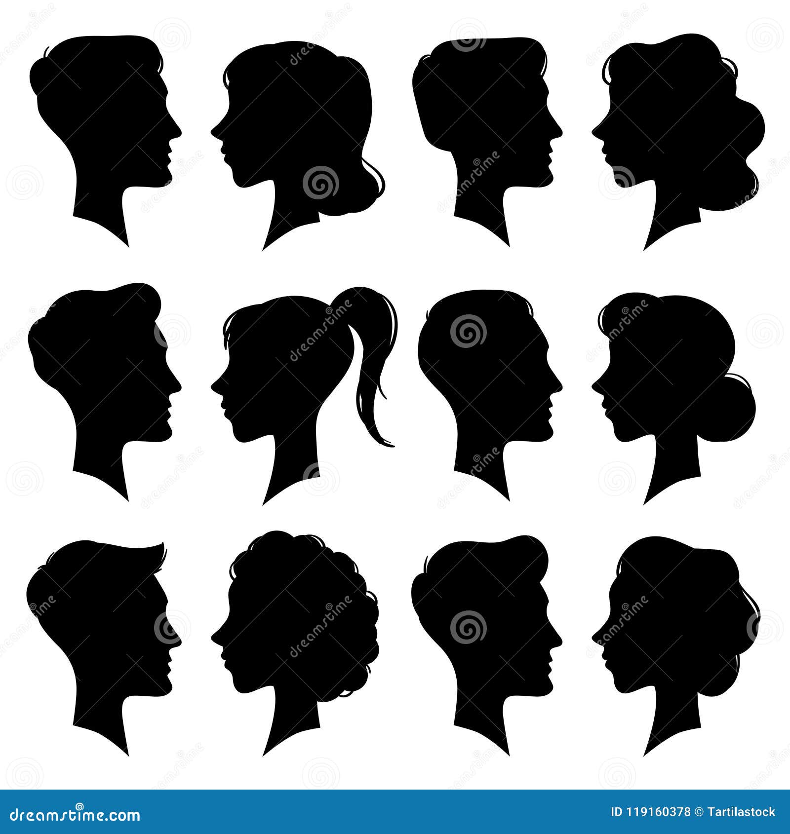 female and male faces silhouettes in vintage cameo style. retro woman and man face profile portrait silhouette. people