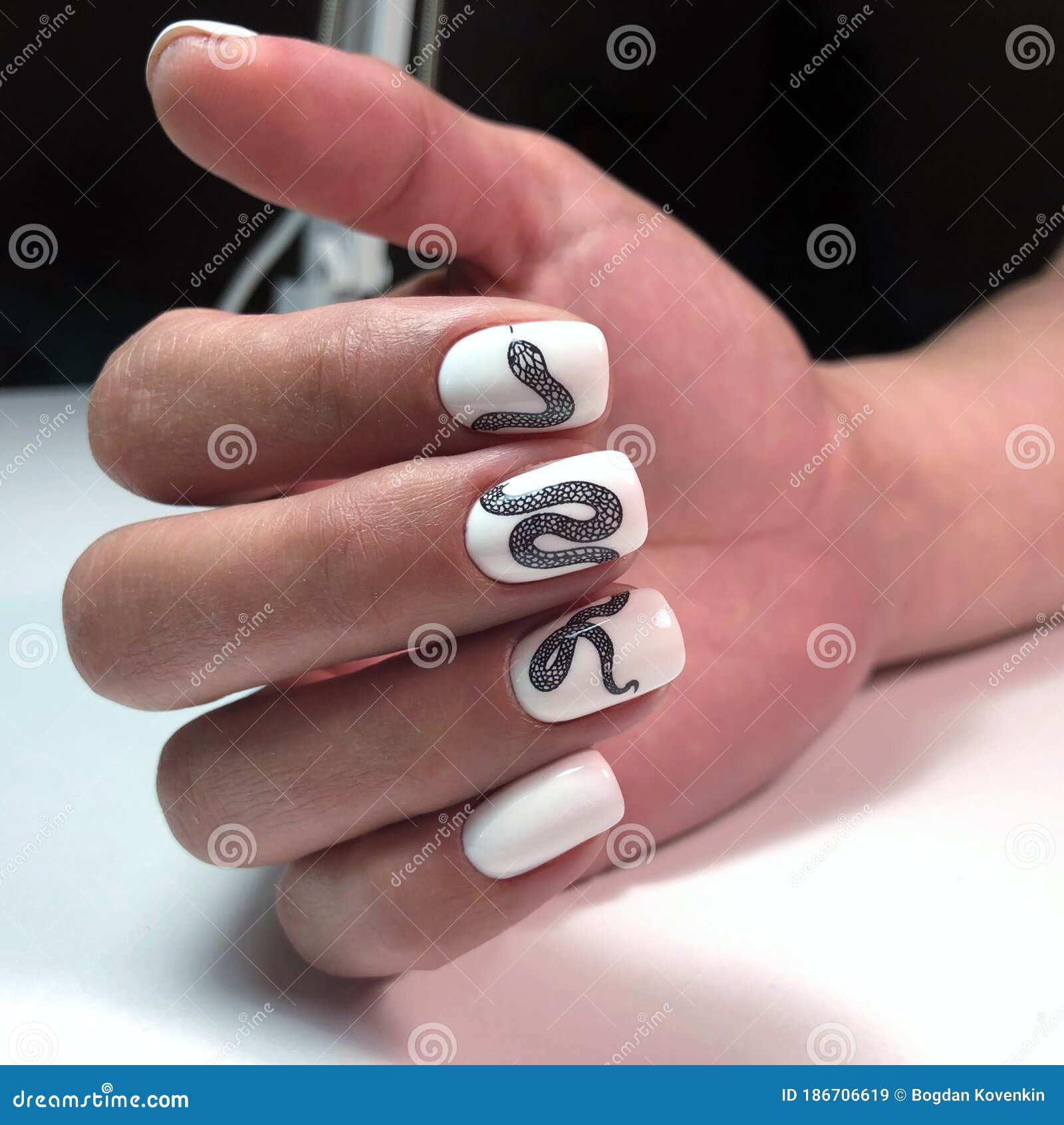 Female Manicure. Manicure with a Snake Design on the Nails Stock Image