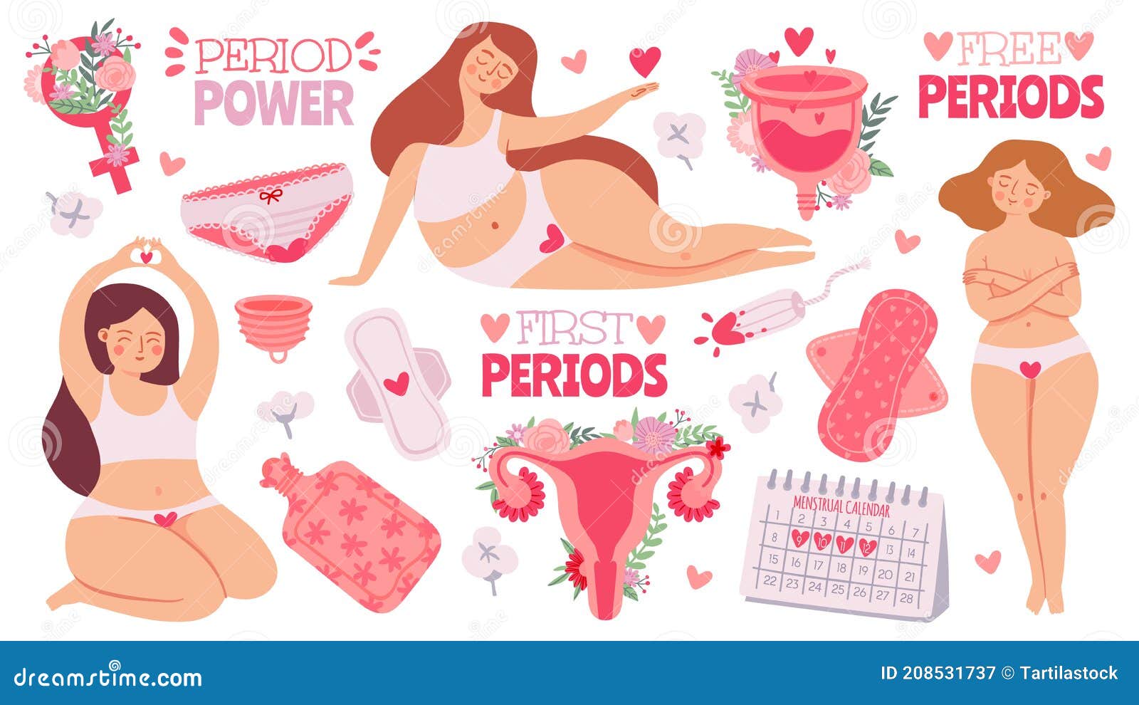 female menstruation. women with period and hygiene product tampon, sanitary pads and menstrual cup. cartoon womb with