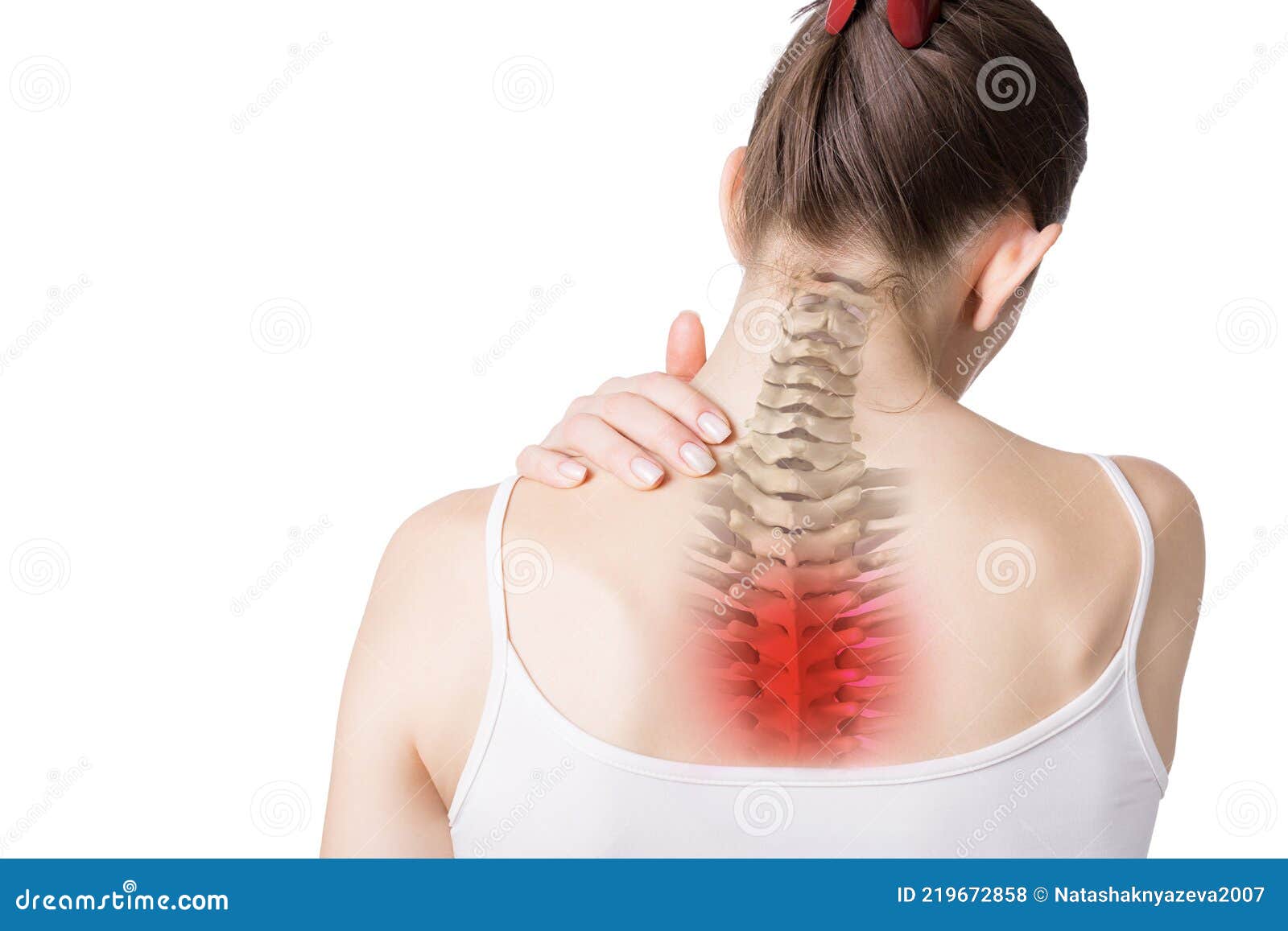 Female Neck, Back and Trapezius Muscles with Upper Spine Inside, Thoracic  Region Marked Red. Caucasian Woman Touches Her Stock Photo - Image of back,  backache: 219672858