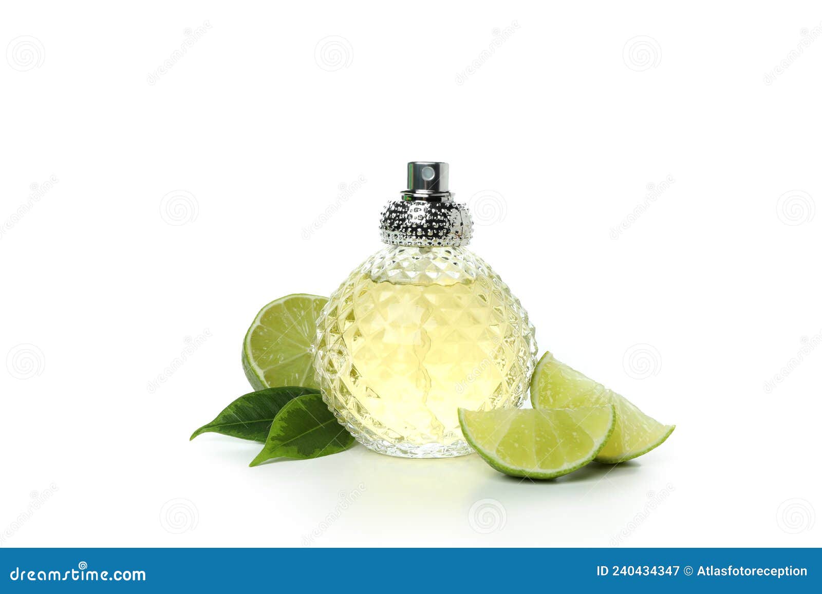 Female Perfume and Ingredients Isolated on White Background Stock Image