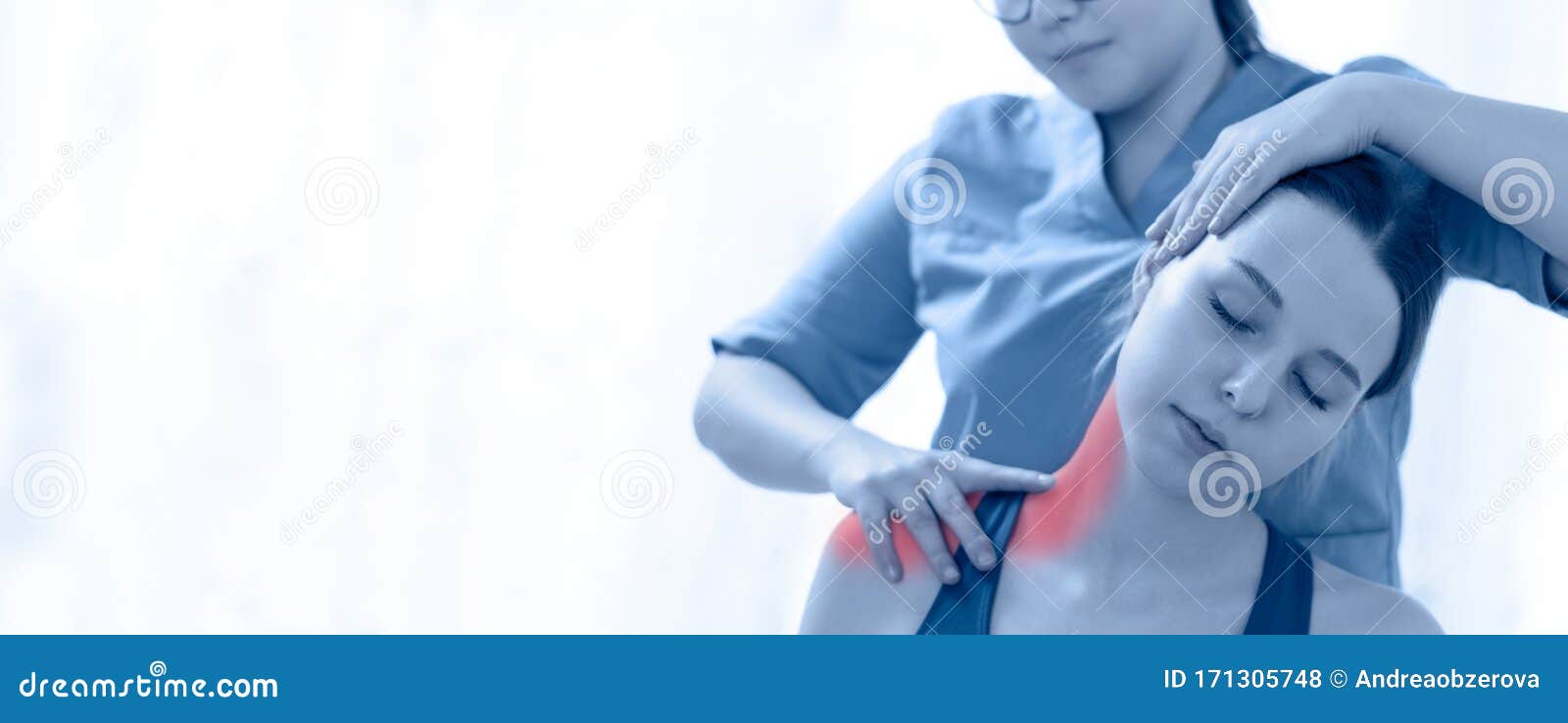 female physiotherapist or a chiropractor adjusting patients neck. physiotherapy, rehabilitation banner.