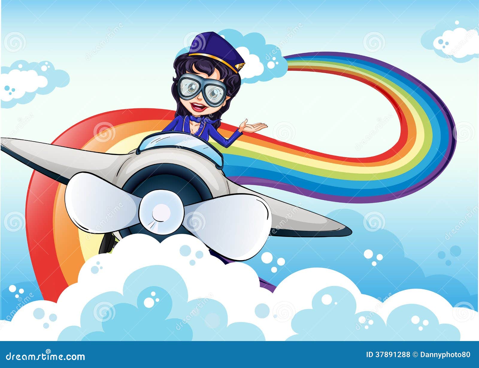 A Female Pilot Driving The Plane And A Rainbow In The Sky Stock Vector