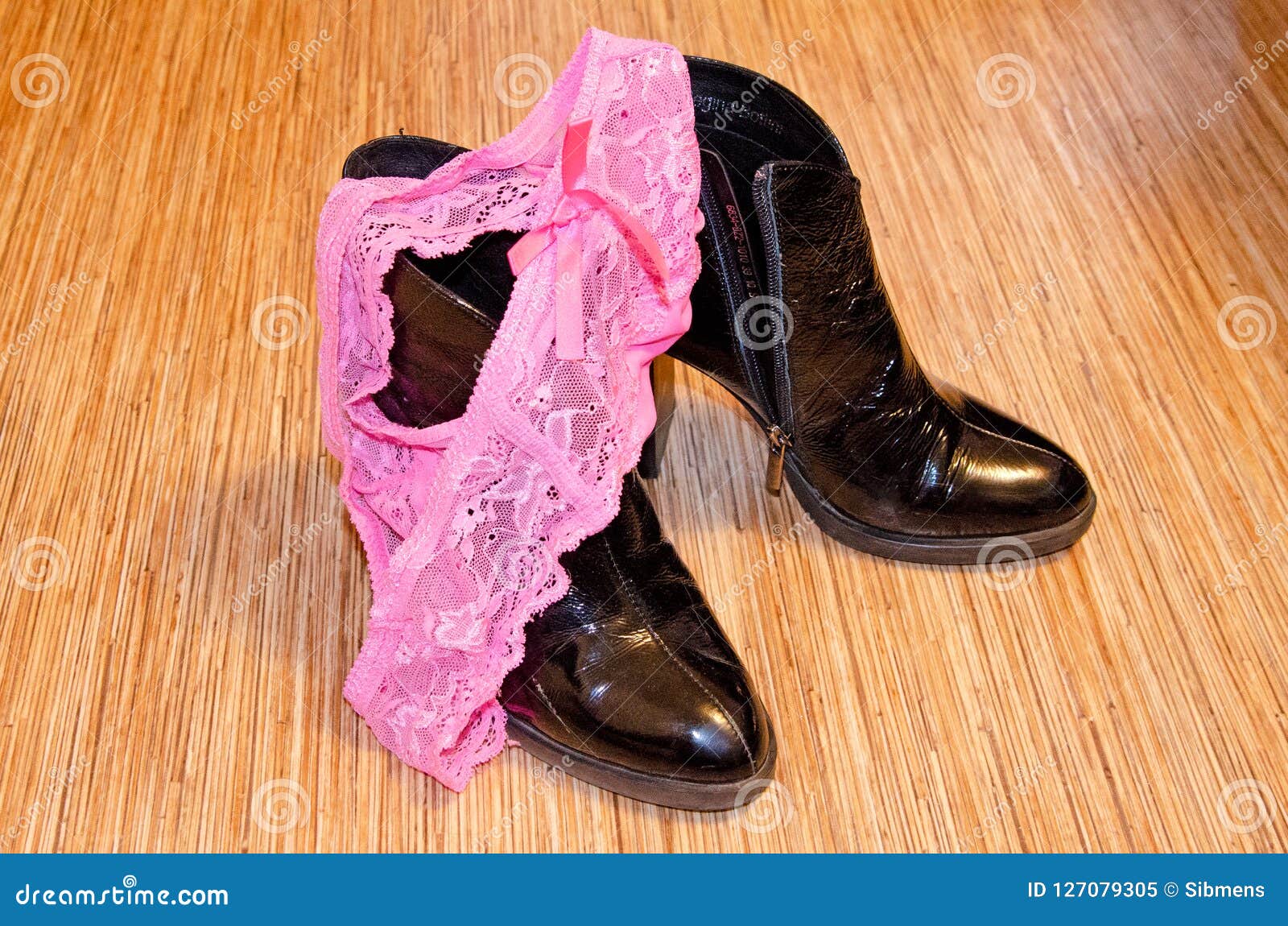 Female, Pink, Used Panties String on Black Patent Leather Shoes