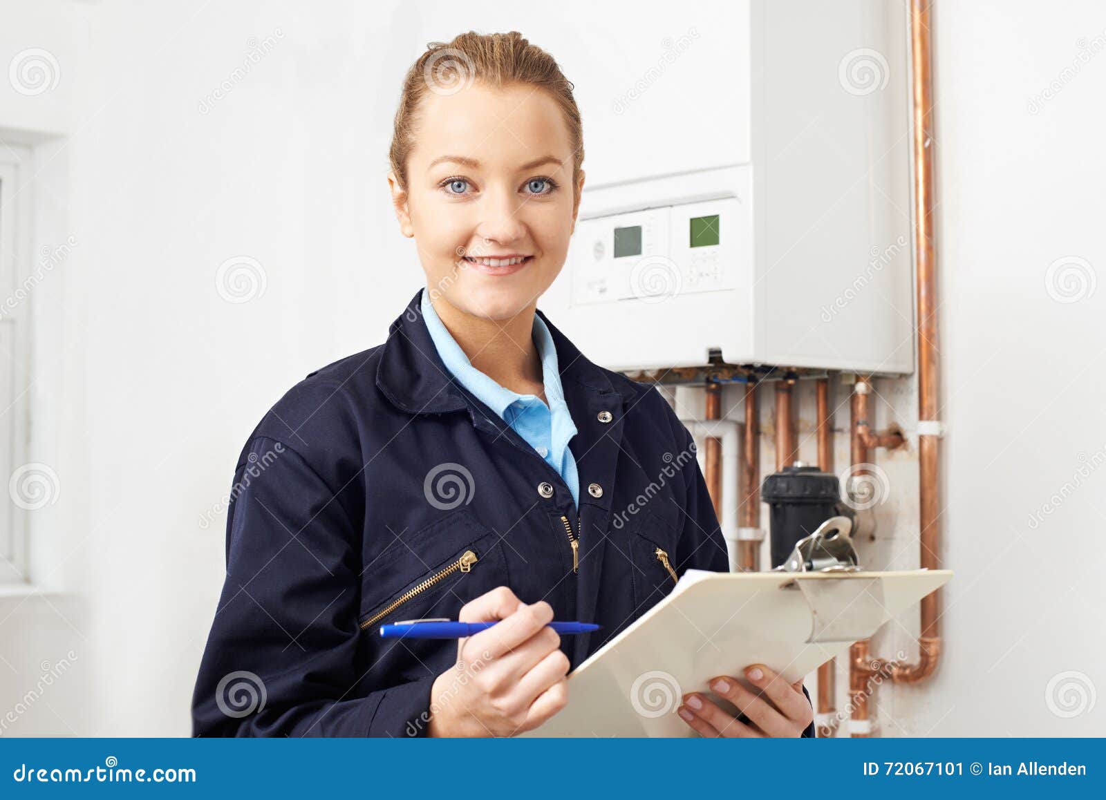 Female Plumber Working on Central Heating Boiler Stock Image Image of