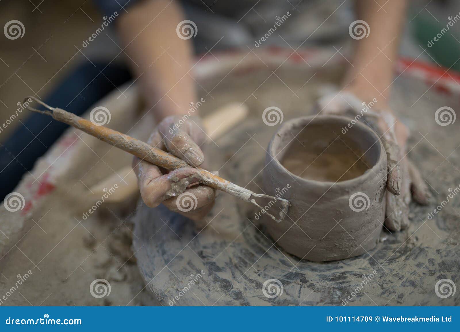 Female Potter Molding Plate with Hand Tool Stock Image Image of