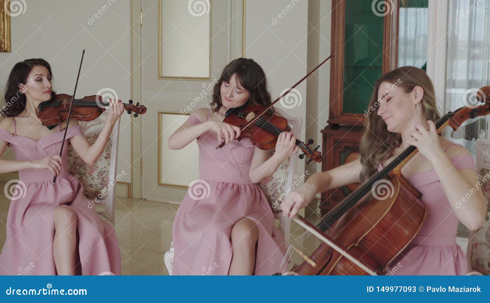 Female Quartet Play on Stringed Instruments in a Room Stock Video