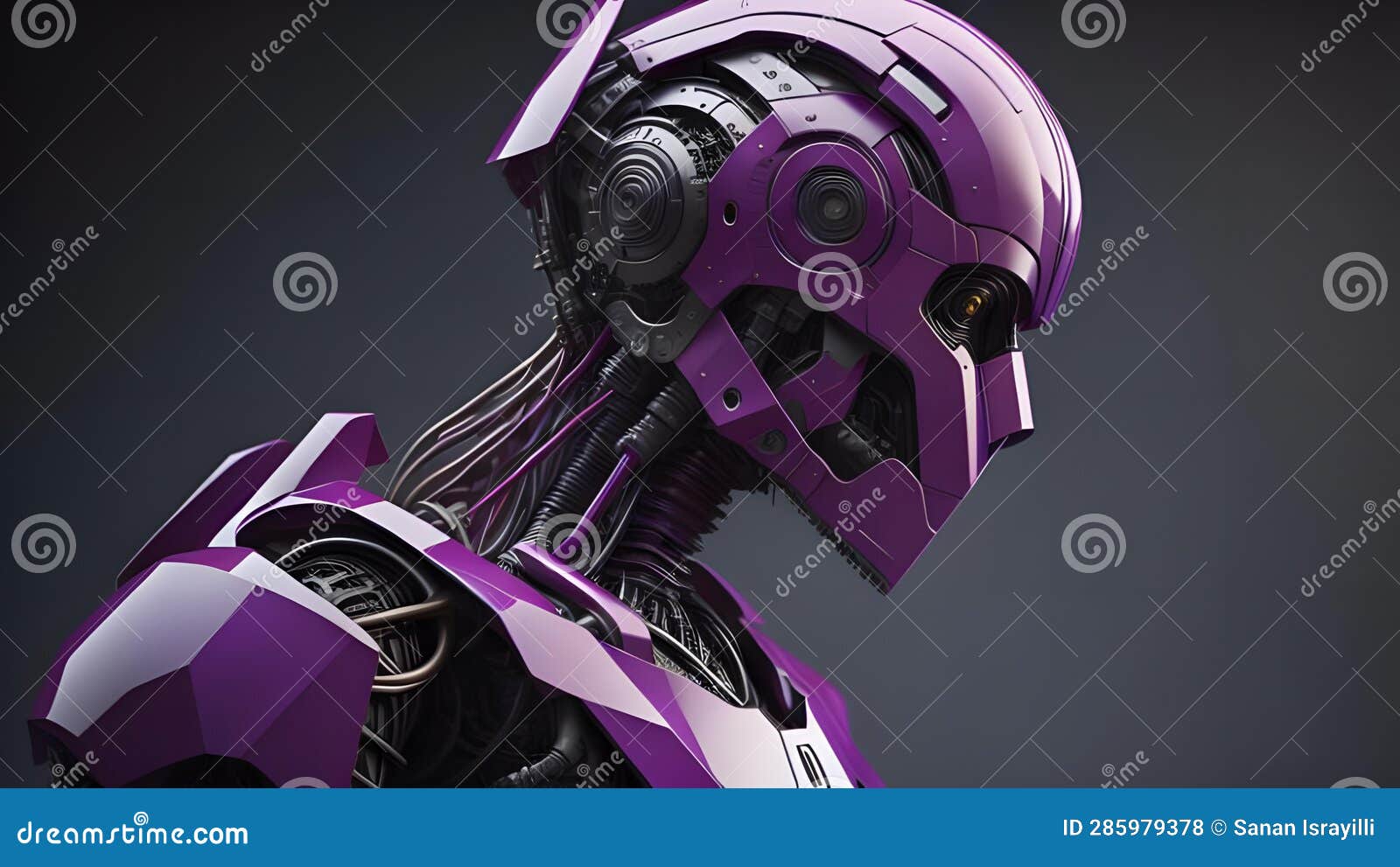 A Female Robot in Purple on a Dark Background. Generative Ai Stock