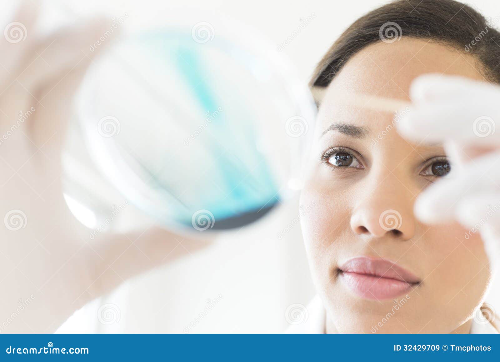 female scientist analyzing solution in petri dish at laboratory