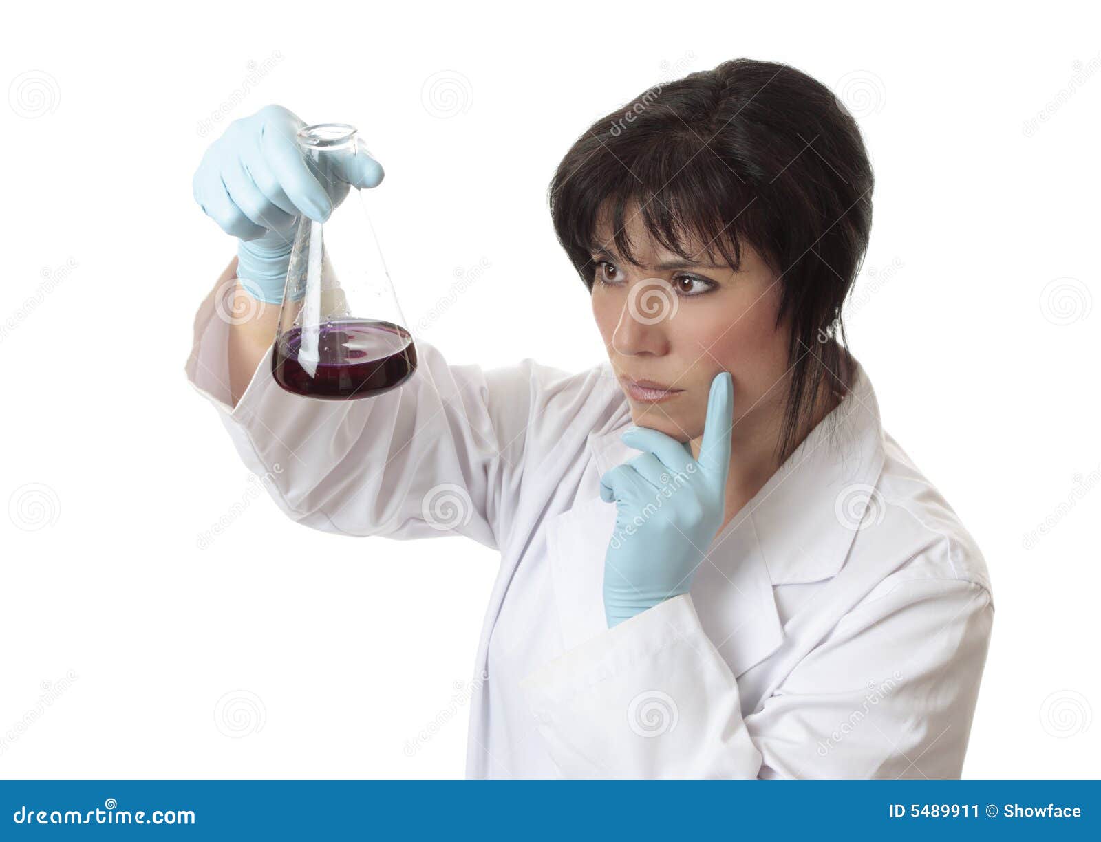 The Erlenmeyer Flask On Bench Laboratory, With Bright Pink Solvent