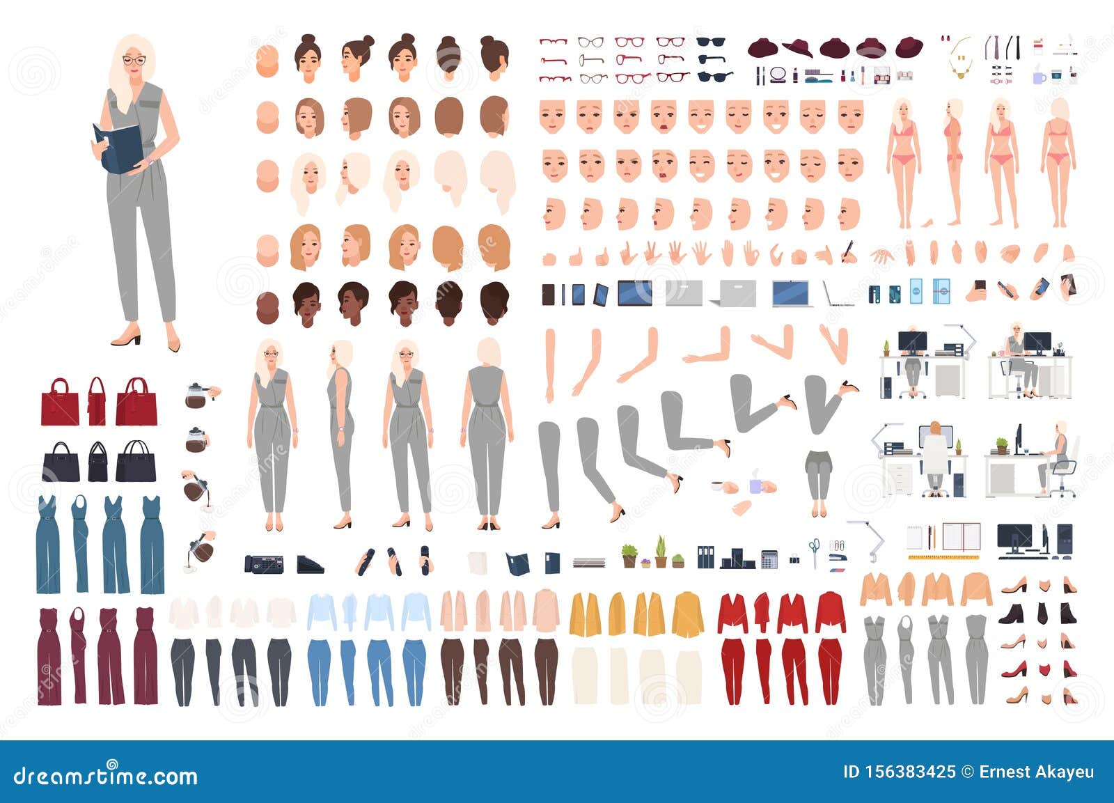 female secretary animation set or diy kit. bundle of woman`s body parts, gestures, poses, formal clothes  on