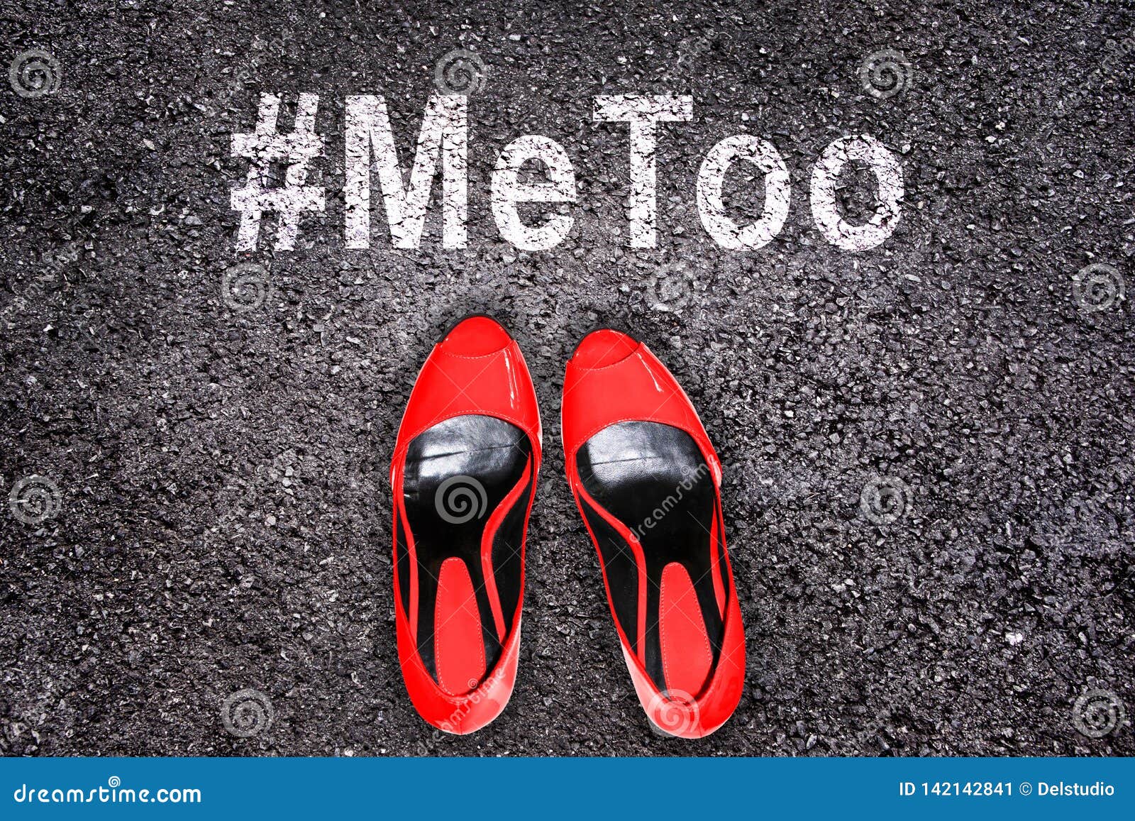 female shoes on asphalt, hashtag metoo